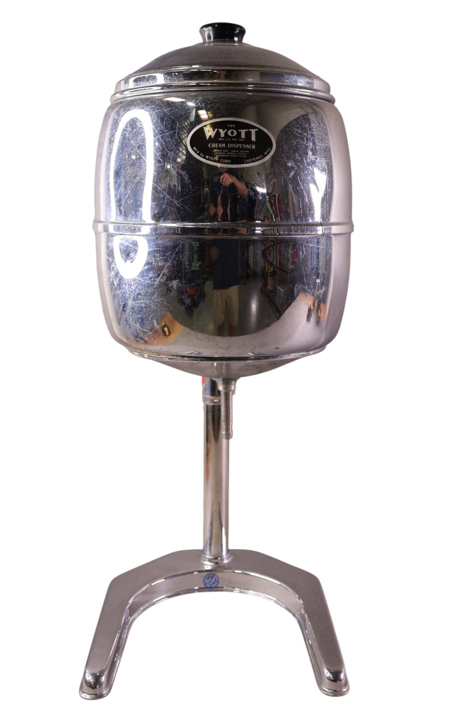 CREAM DISPENSER: WYOTT CREAM DISPENSER, 25" H. THIS ITEM EXCEEDS SIZE LIMITATIONS FOR IN HOUSE SHIPPING, MUST BE PICKED UP IN HOUSE OR SHIPPED VIA 3rd PARTY GROUND SHIPPER.