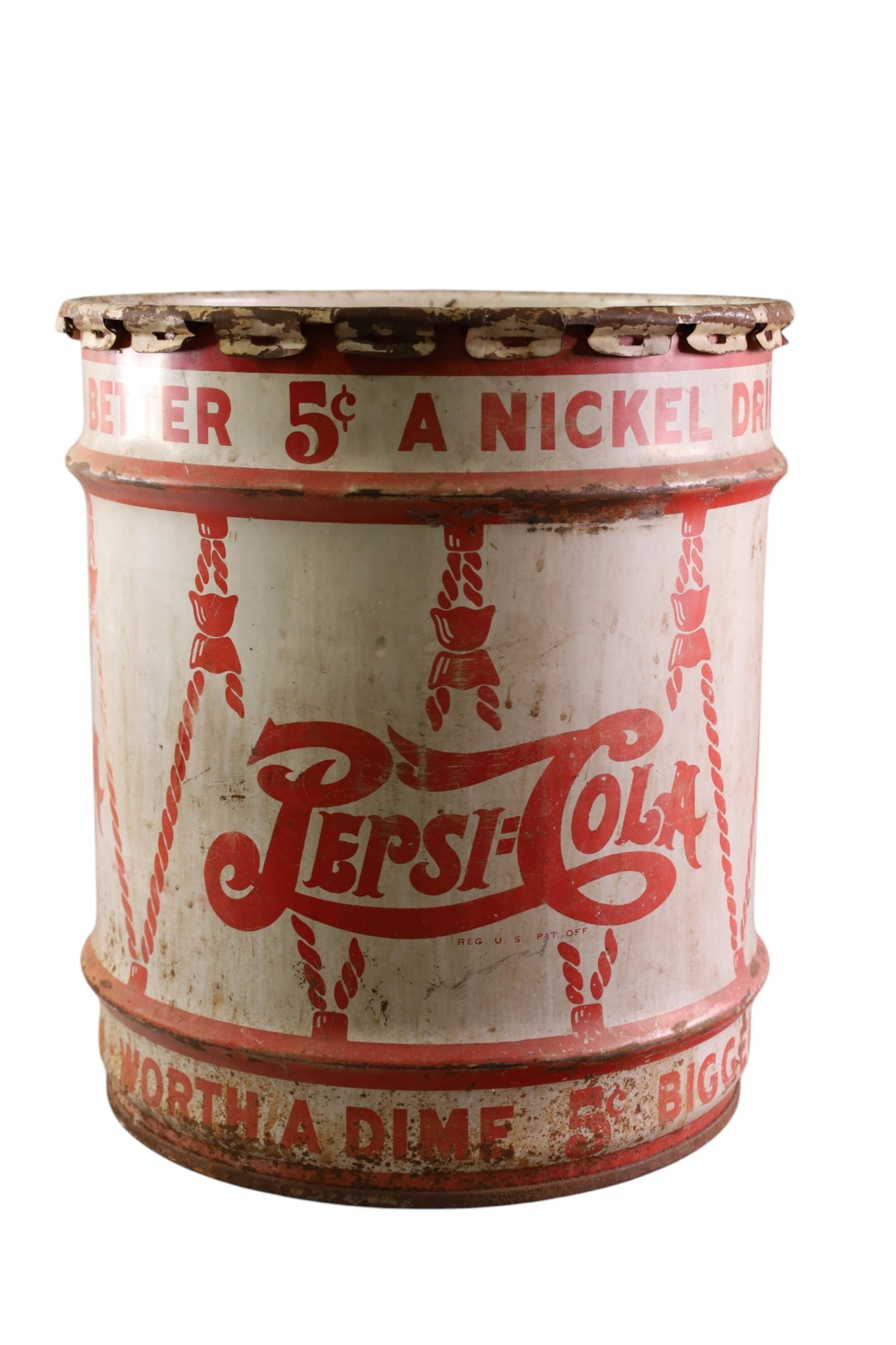 PEPSI COLA SYRUP DRUM: LARGE 5 CENT DRINK PEPSI COLA BARREL, DOUBLE DOT METAL SYRUP DRUM. RUST. PAINT LOSS. 15" DIAM x 17 H.