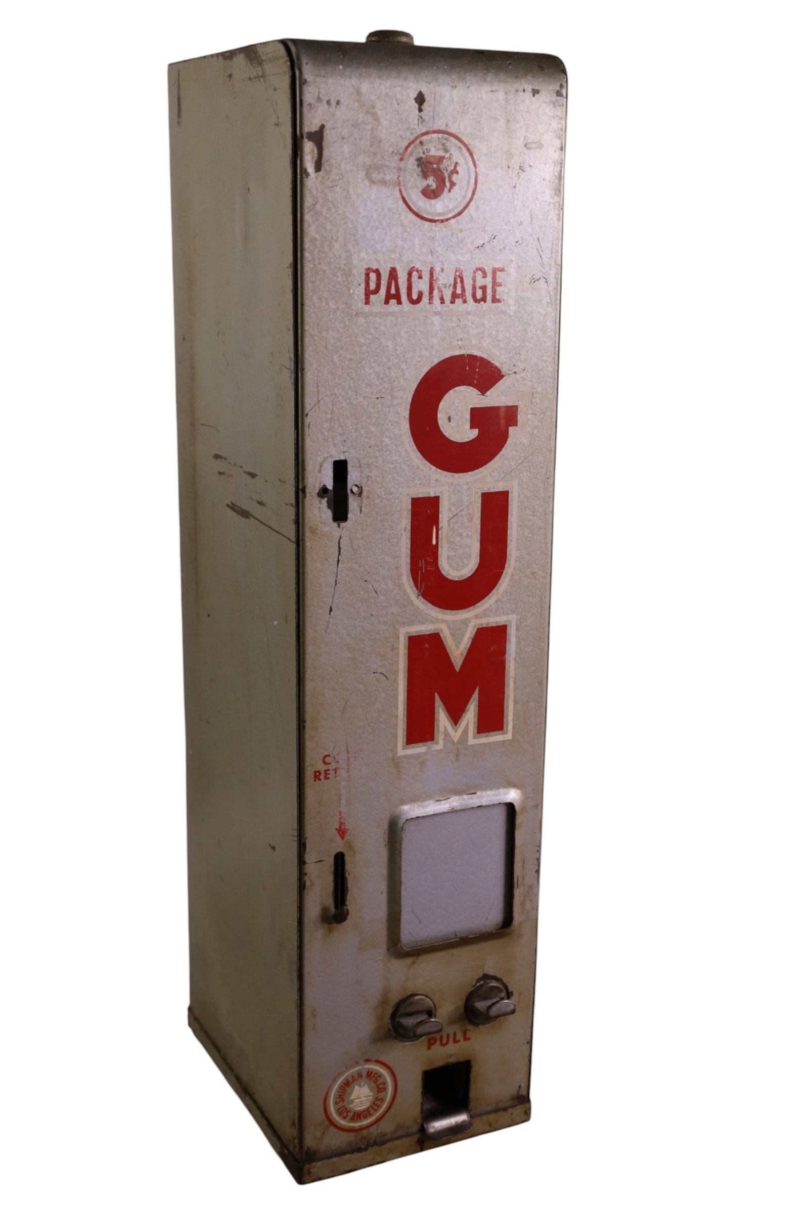 5 CENT GUM MACHINE: SHIPMAN, 5 CENT WALL MOUNT GUM MACHINE. RUST. 5" W x 21" H.