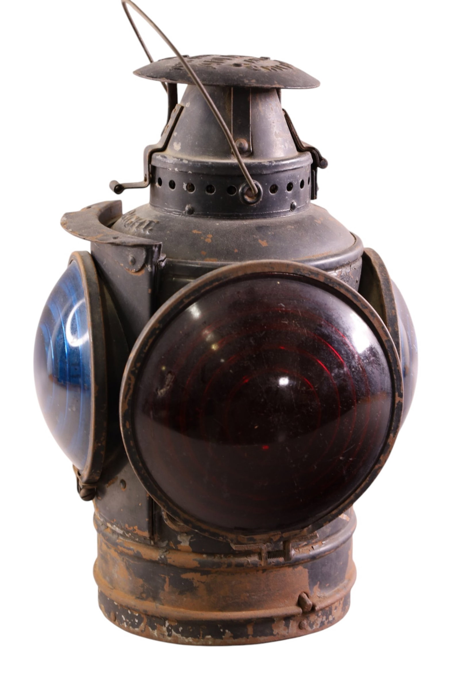 ADLAKE RAILROAD LIGHT: ADLAKE 4 LIGHT RAILROAD LIGHT, PAINT LOSS. 14" H.