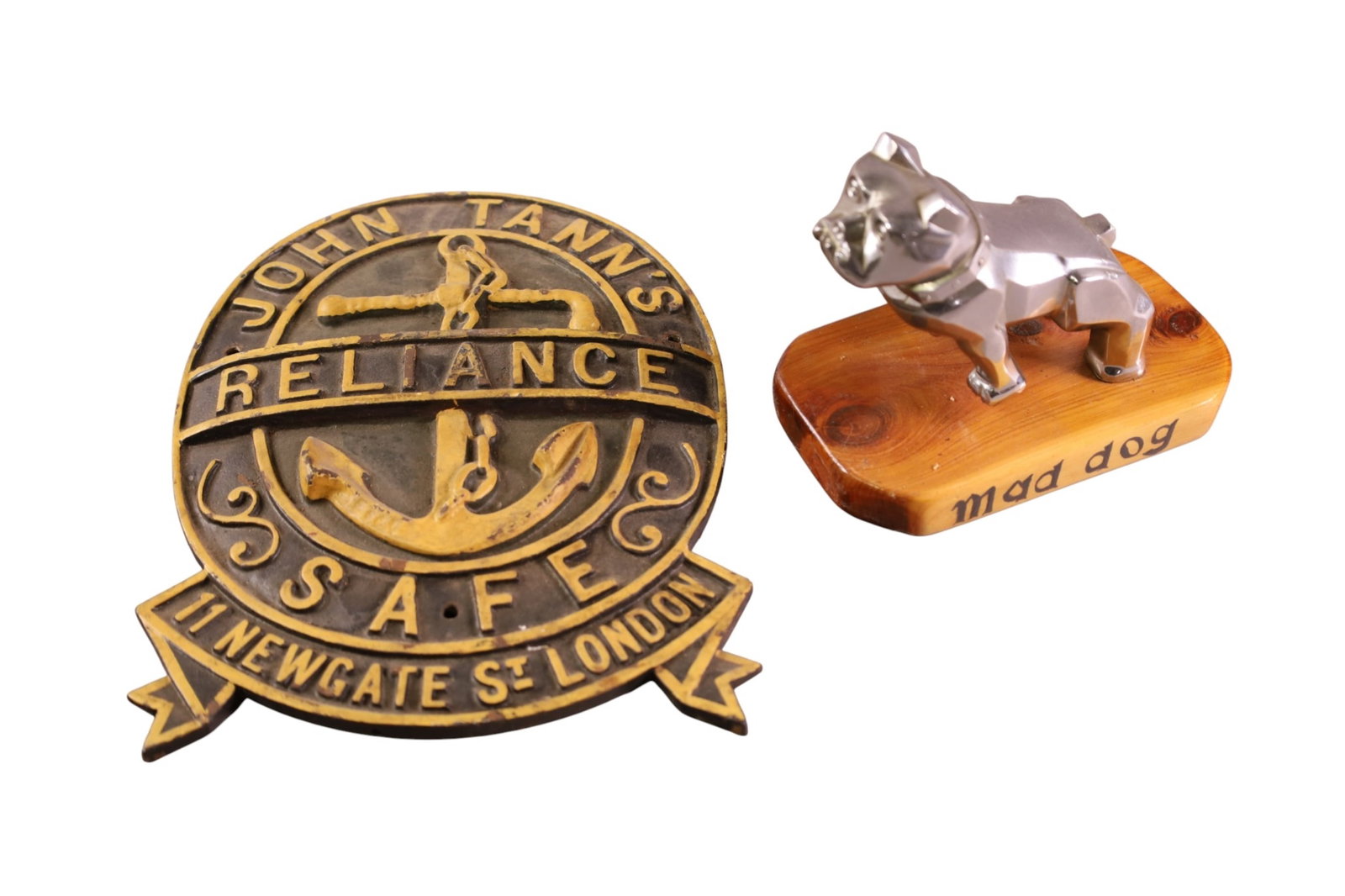2 ADVERTISING ITEMS: JOHN TANN'S SAFE INSURANCE CAST IRON WALL PLAQUE & MACK BULLDOG. 7" x 10" & 4" H.