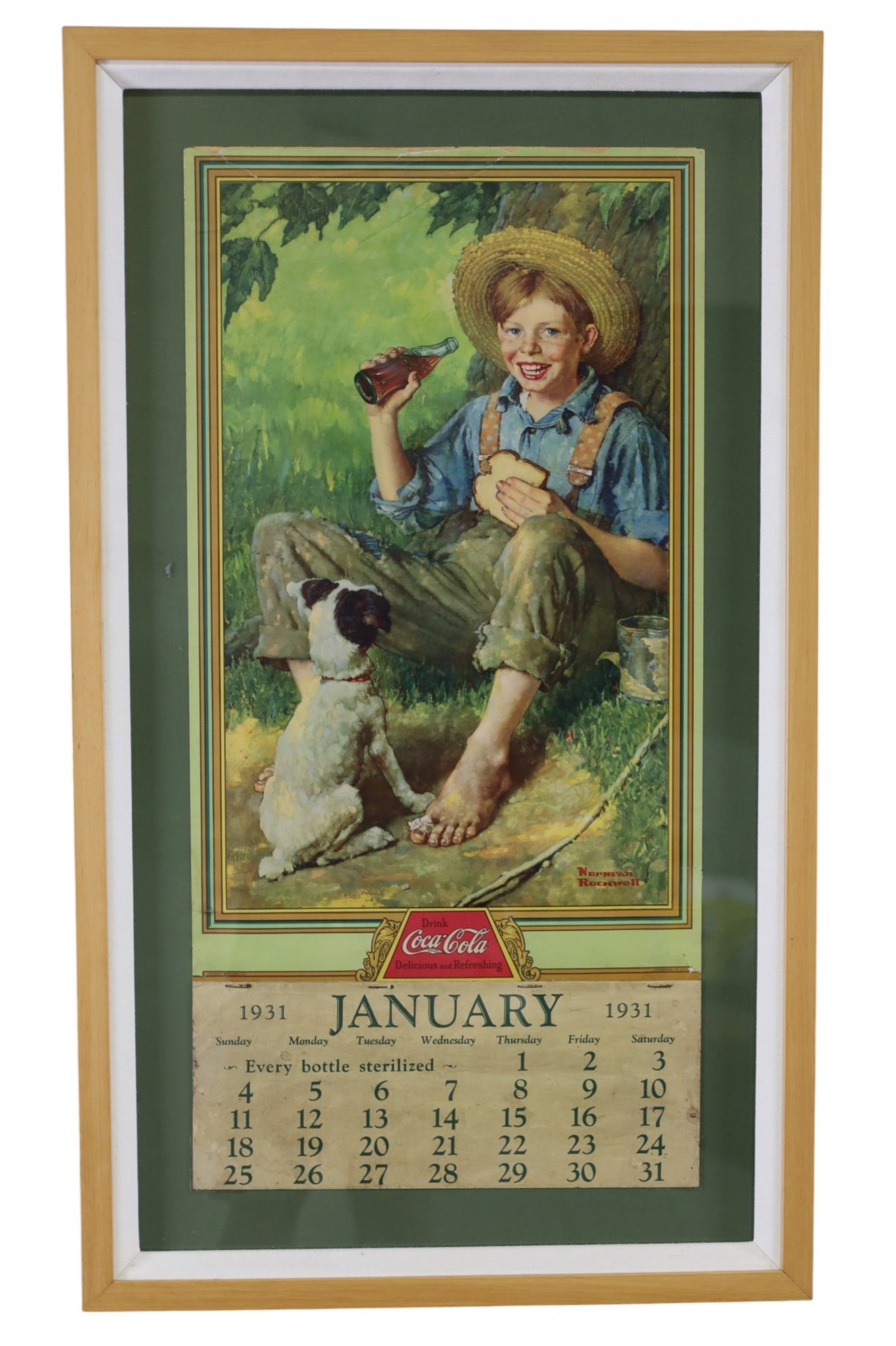 1931 COCA COLA CALENDAR: 1931 NORMAN ROCKWELL COCA COLA CALENDAR, IN FRAME. 17" x 30"