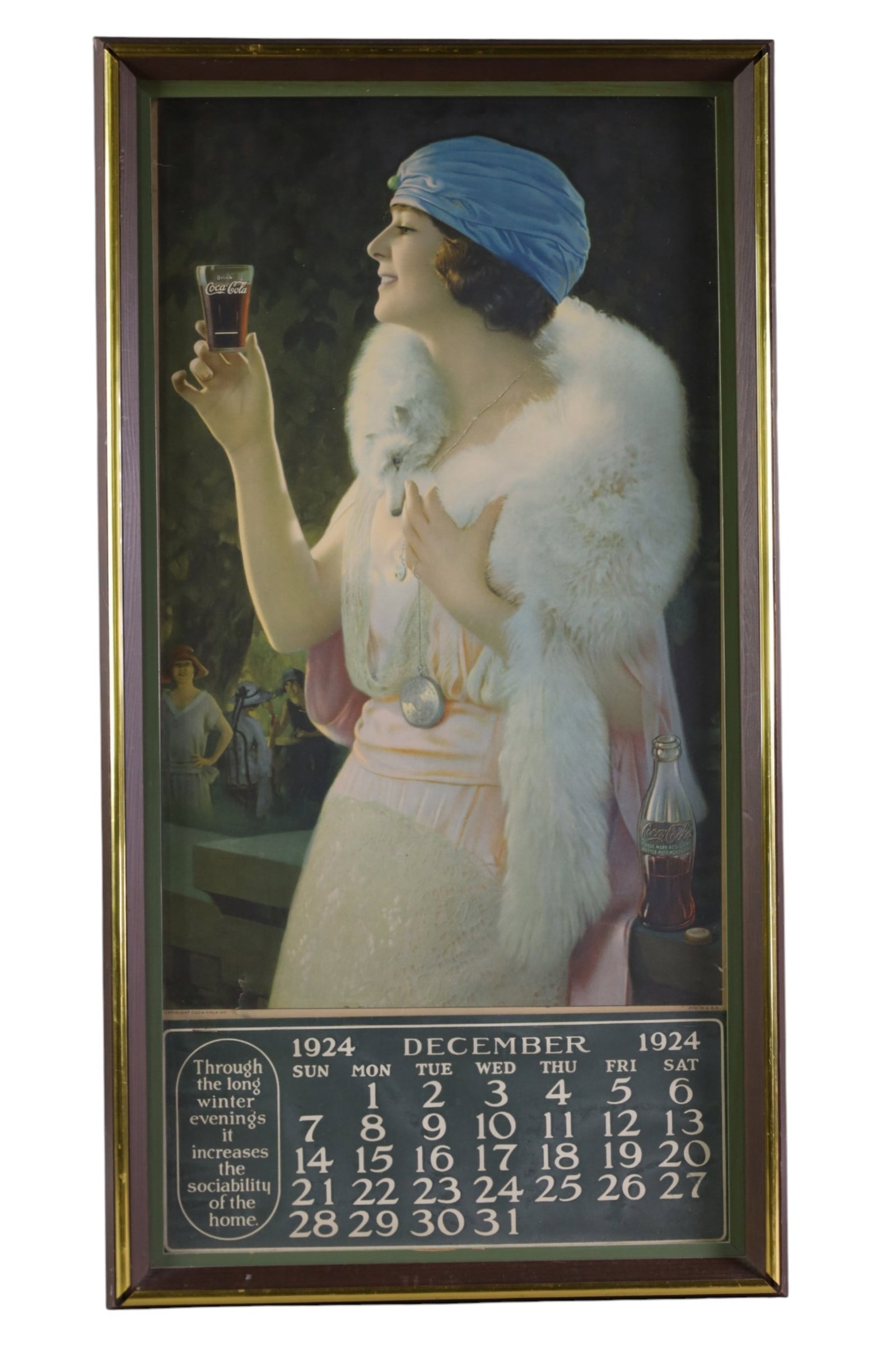 1924 COCA COLA CALENDAR: 1924 COCA COLA CALENDAR, IN FRAME. 14" x 26"