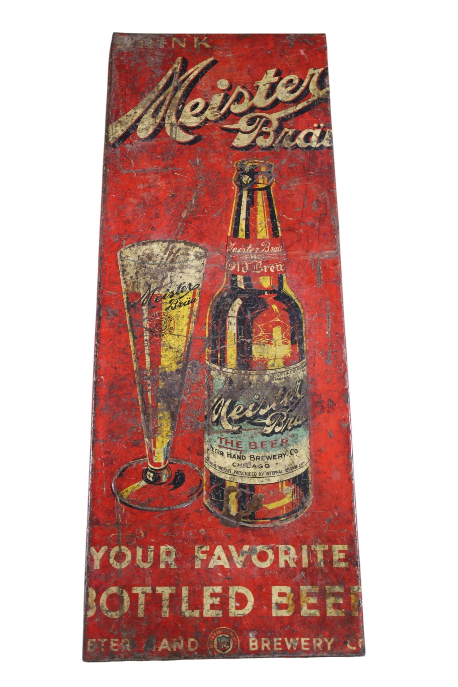 ADVERTISING TRUNK: MEISTER BRAU TIN SIGN ATTACHED TO TOP OF TRUNK, 37 1/2" L x 14" D x 12" H. THIS ITEM EXCEEDS SIZE LIMITATIONS FOR IN HOUSE SHIPPING, MUST BE PICKED UP IN HOUSE OR SHIPPED VIA 3rd PARTY GROUND SHIPPER.