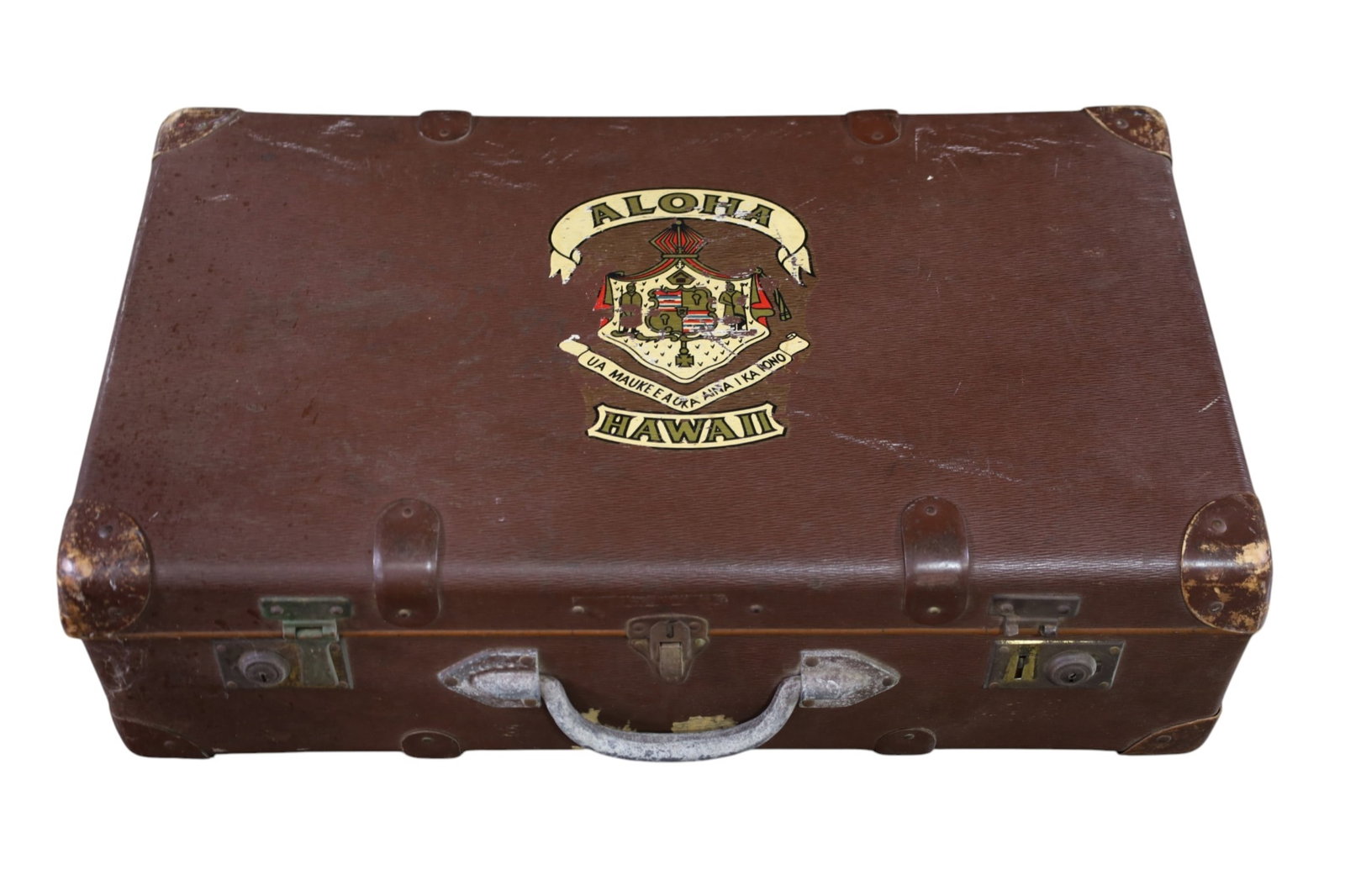 VINTAGE SUITCASE: VINTAGE ALOHA HAWAII SUITCASE, SCUFFS. MISSING ONE LATCH. 25" W x 15" x 8"