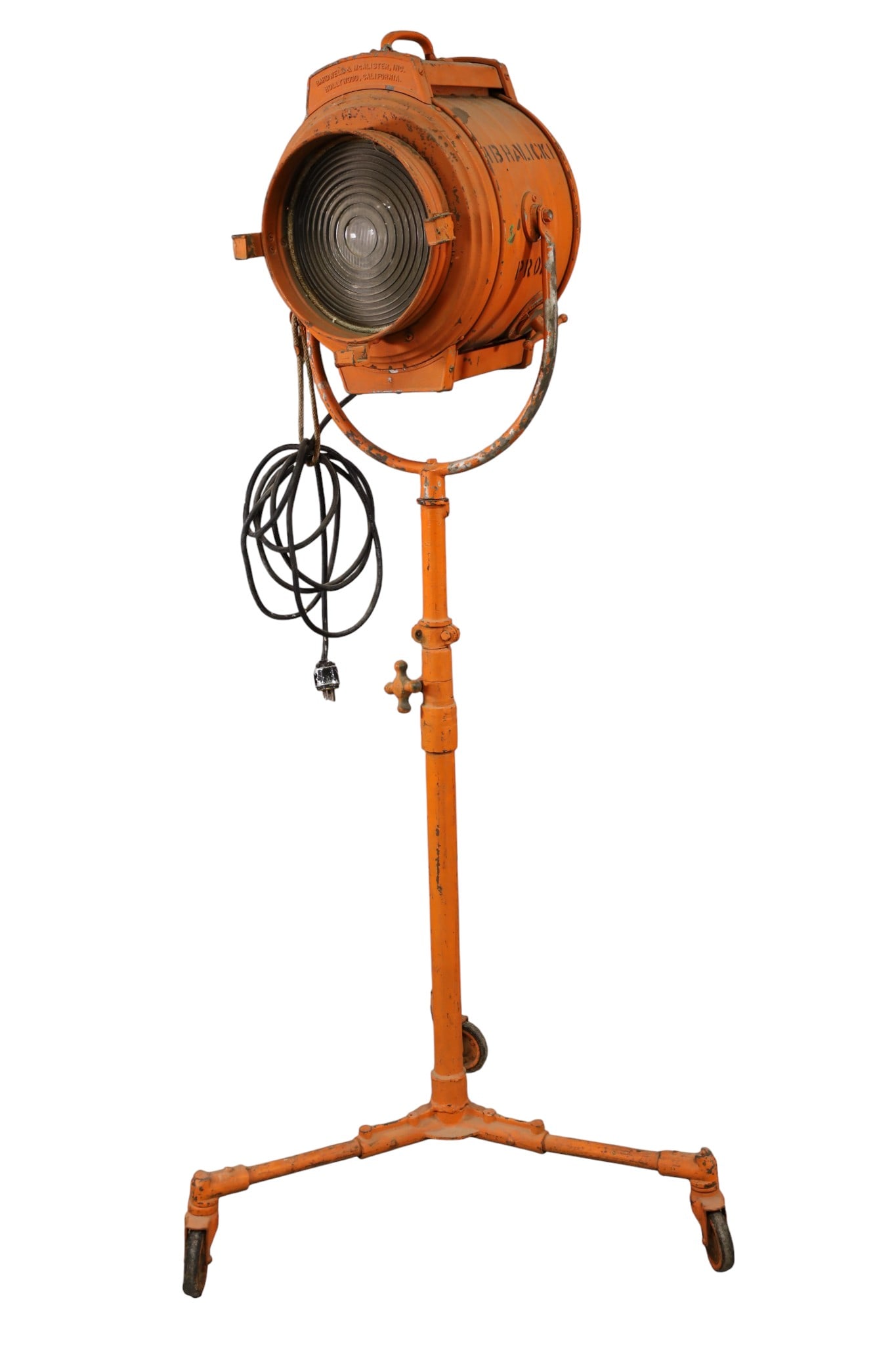 BARDWELL & MCALISTER STUDIO LIGHT: HOLLYWOOD CA STUDIO LIGHTS, MARKED BARDWWELL & MCALISTER. 68" H. THIS ITEM EXCEEDS SIZE LIMITATIONS FOR IN HOUSE SHIPPING, MUST BE PICKED UP IN HOUSE OR SHIPPED VIA 3rd PARTY GROUND SHIPPER.