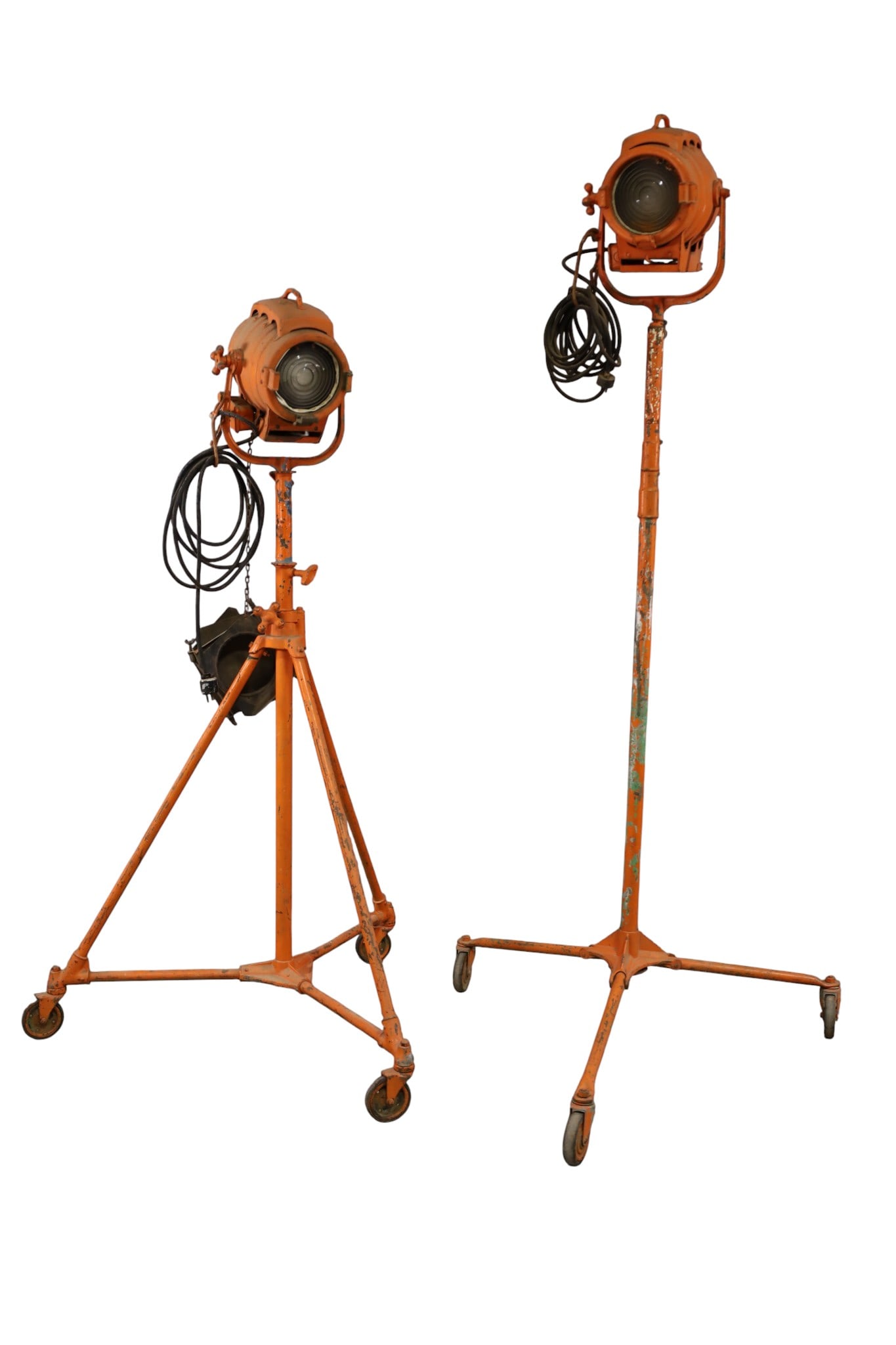 2 STUDIO LIGHTS: HOLLYWOOD CA STUDIO LIGHTS, MARKED BARDWELL & MCALISTER, PAINT LOSS. 67" H & 80" H. THIS ITEM EXCEEDS SIZE LIMITATIONS FOR IN HOUSE SHIPPING, MUST BE PICKED UP IN HOUSE OR SHIPPED VIA 3rd PARTY
