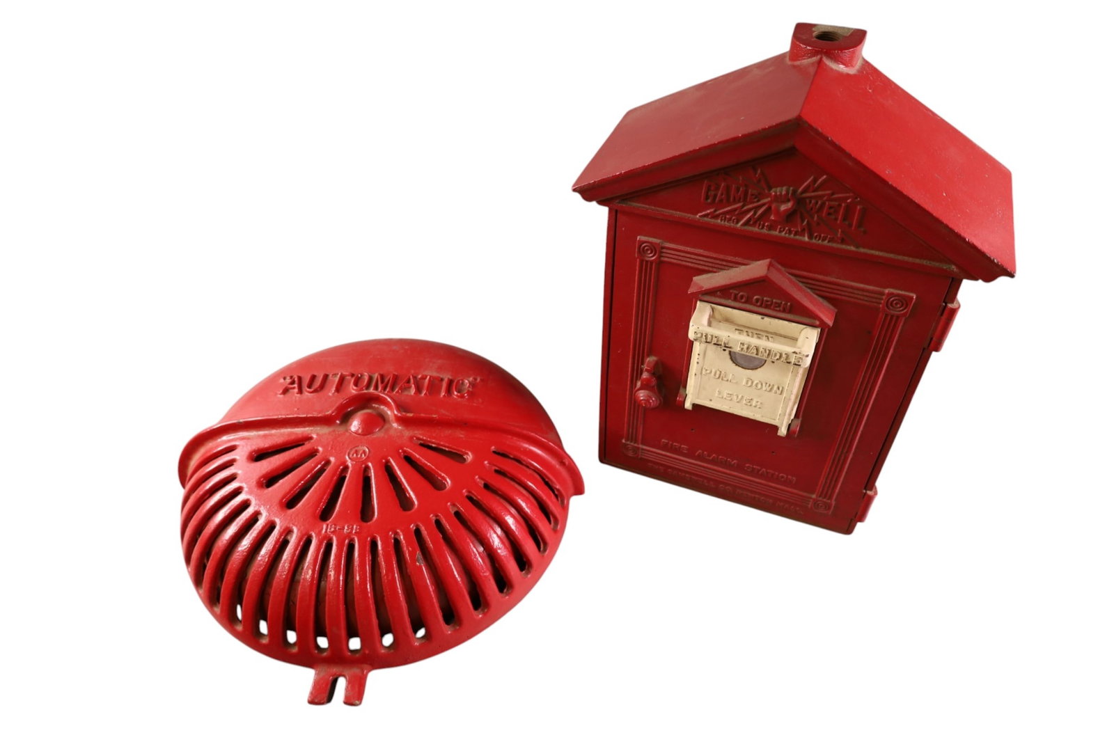 GAMEWELL FIRE ALARM STATION & BELL: CAST IRON GAMEWELL FIRE ALARM STATION & BELL. 16" DIAM & 17" H. THIS ITEM EXCEEDS SIZE LIMITATIONS FOR IN HOUSE SHIPPING, MUST BE PICKED UP IN HOUSE OR SHIPPED VIA 3rd PARTY GROUND SHIPPER.