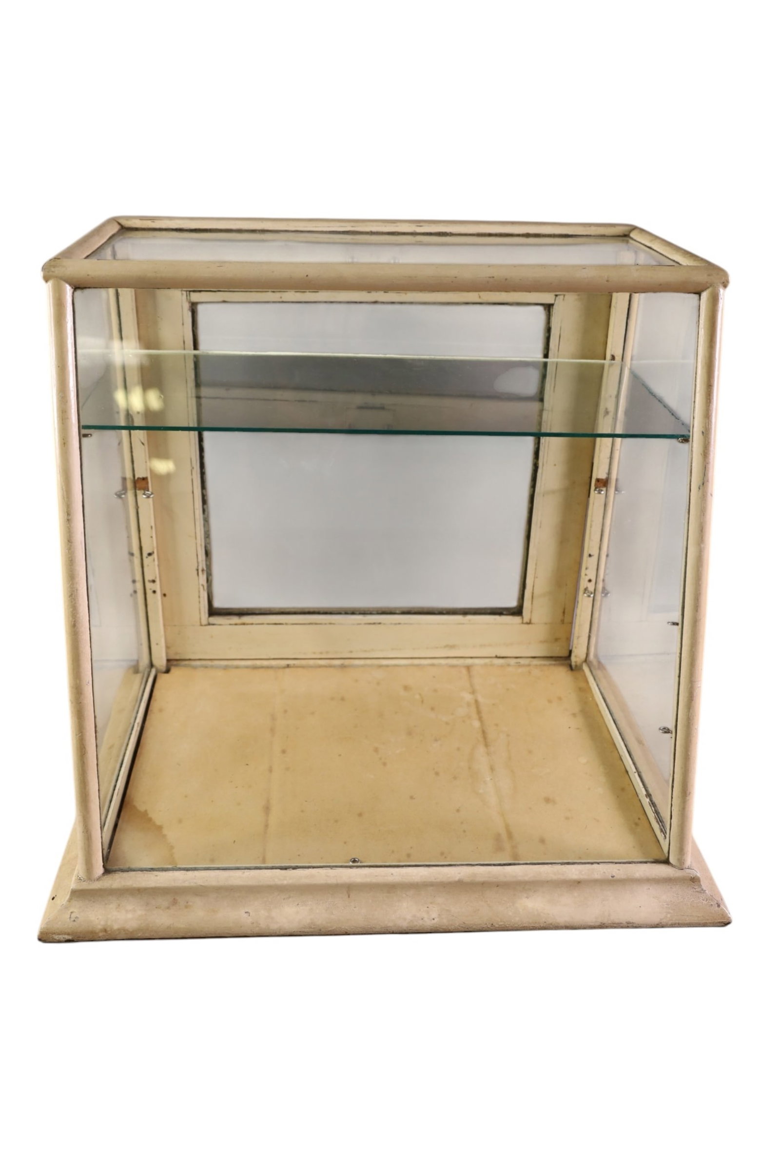 ANTIQUE COUNTER TOP DISPLAY CABINET: PAINTED FINISH, COUNTER TOP DISPLAY CABINET, MISSING ONE SHELF. 19" W x 13" D x 17" H. THIS ITEM EXCEEDS SIZE LIMITATIONS FOR IN HOUSE SHIPPING, MUST BE PICKED UP IN HOUSE OR SHIPPED VIA 3rd PARTY