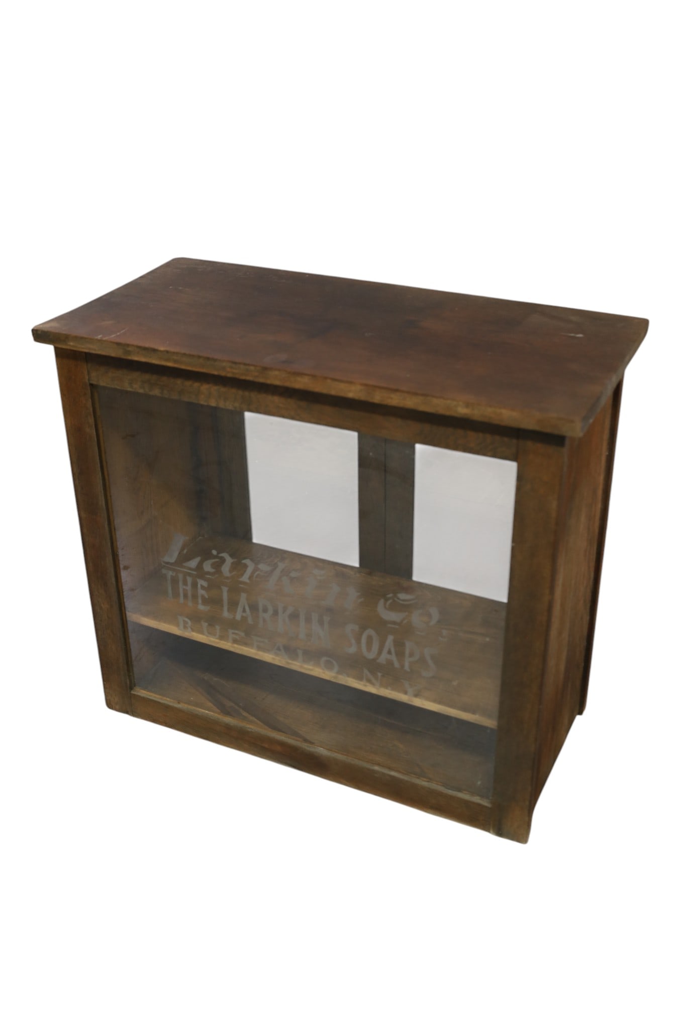 LARKIN SOAP CABINET: LARKIN CO BUFFALO NY. SOAP CABINET. TABLE TOP CABINET. WEAR TO FINISH. 27" W x 13" D x 24" H. THIS ITEM EXCEEDS SIZE LIMITATIONS FOR IN HOUSE SHIPPING, MUST BE PICKED UP IN HOUSE OR SHIPPED VIA 3rd