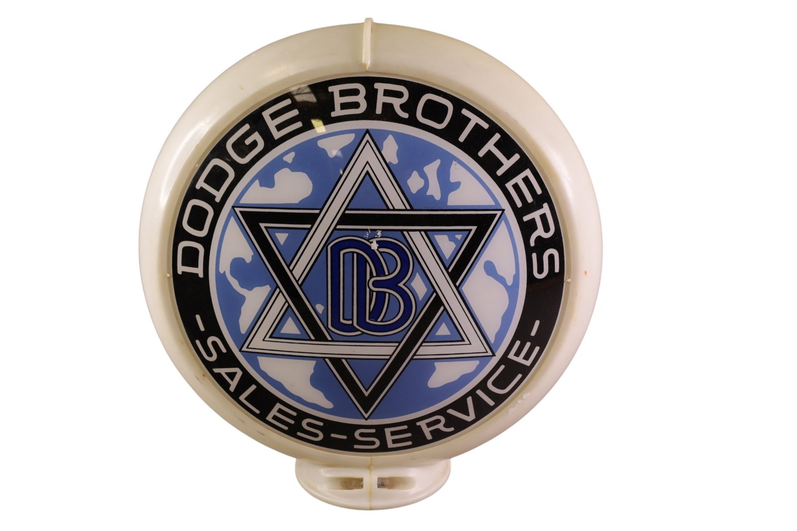 DODGE BROTHERS GLOBE: REPRODUCTION DODGE BROTHERS GLOBE, IN PLASTIC HOLDER. 16 1/2" H.
