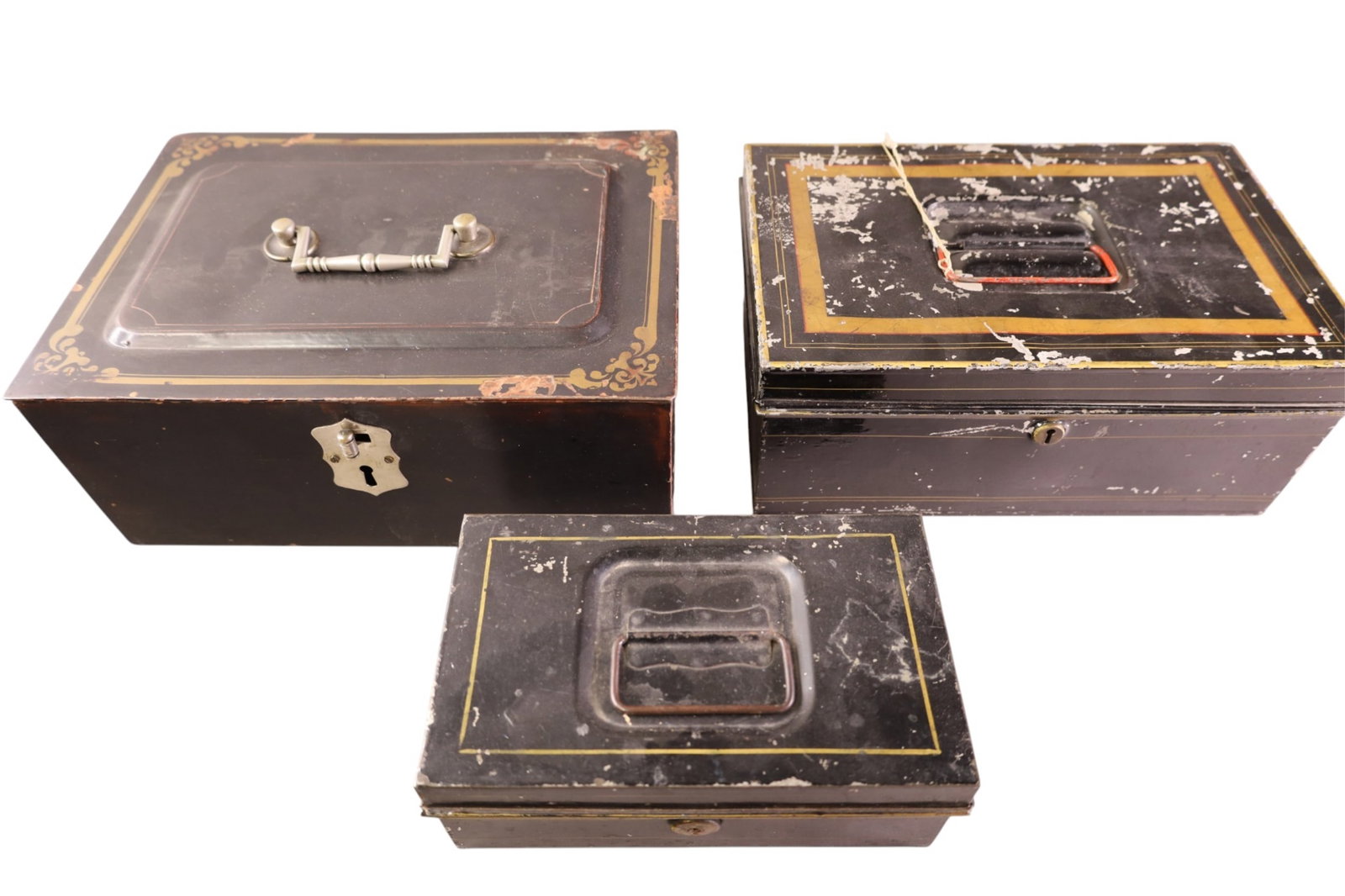 3 ANTIQUE LOCK OR CASH BOXES: 3 TOLE PAINTED METAL LOCK BOXES. 8" - 12" W.