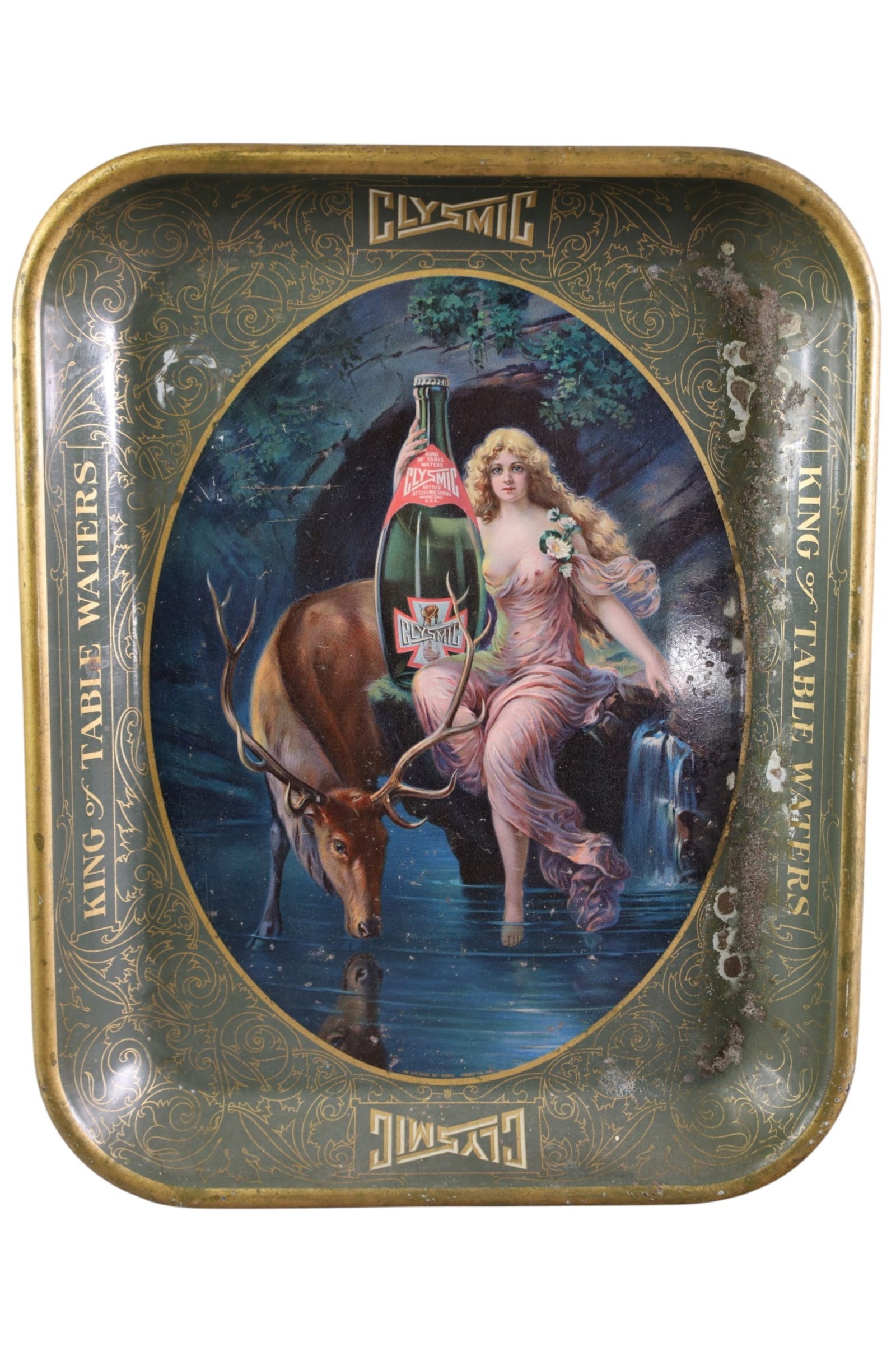 CLYSMIC TOPLESS LADY ADVERTISING TRAY: KING OF TABLE WATERS, CLYSMIC TRAY. RUST & PITTING. 10 1/2" x 13"
