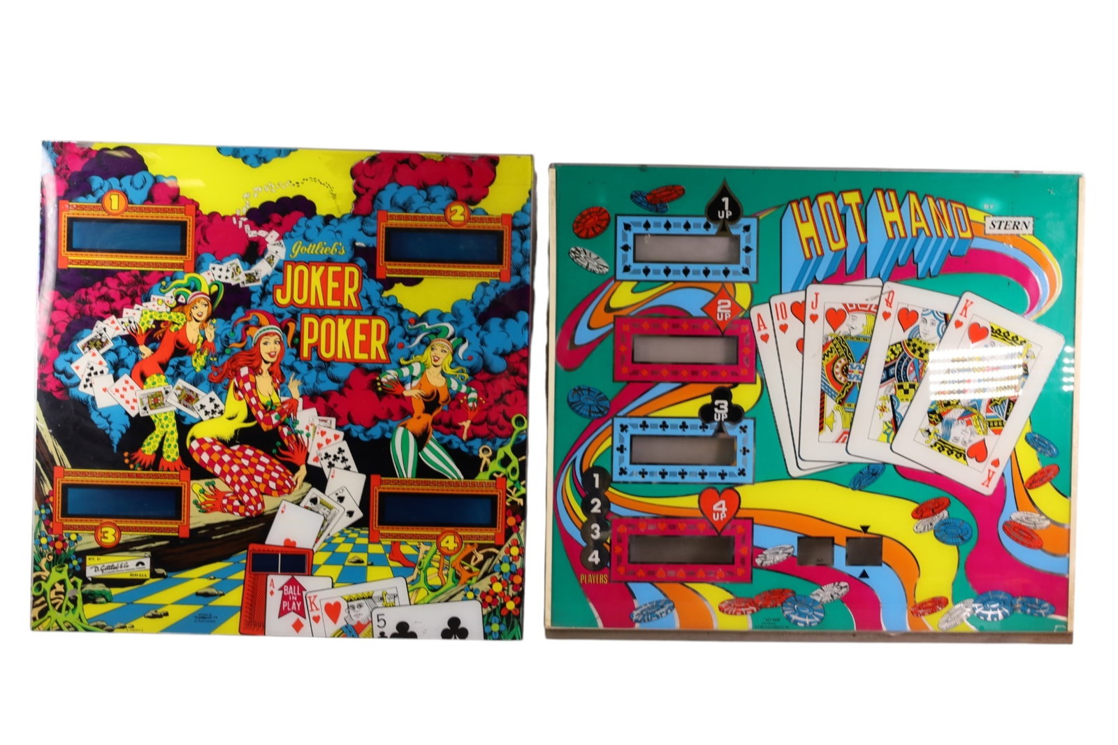 2 LARGE PINBALL MACHINE GLASS: JOKER POKER & HOT HAND PINBALL GLASS. 28 1/2" x 25 1/2" THIS ITEM EXCEEDS SIZE LIMITATIONS FOR IN HOUSE SHIPPING, MUST BE PICKED UP IN HOUSE OR SHIPPED VIA 3rd PARTY GROUND SHIPPER.