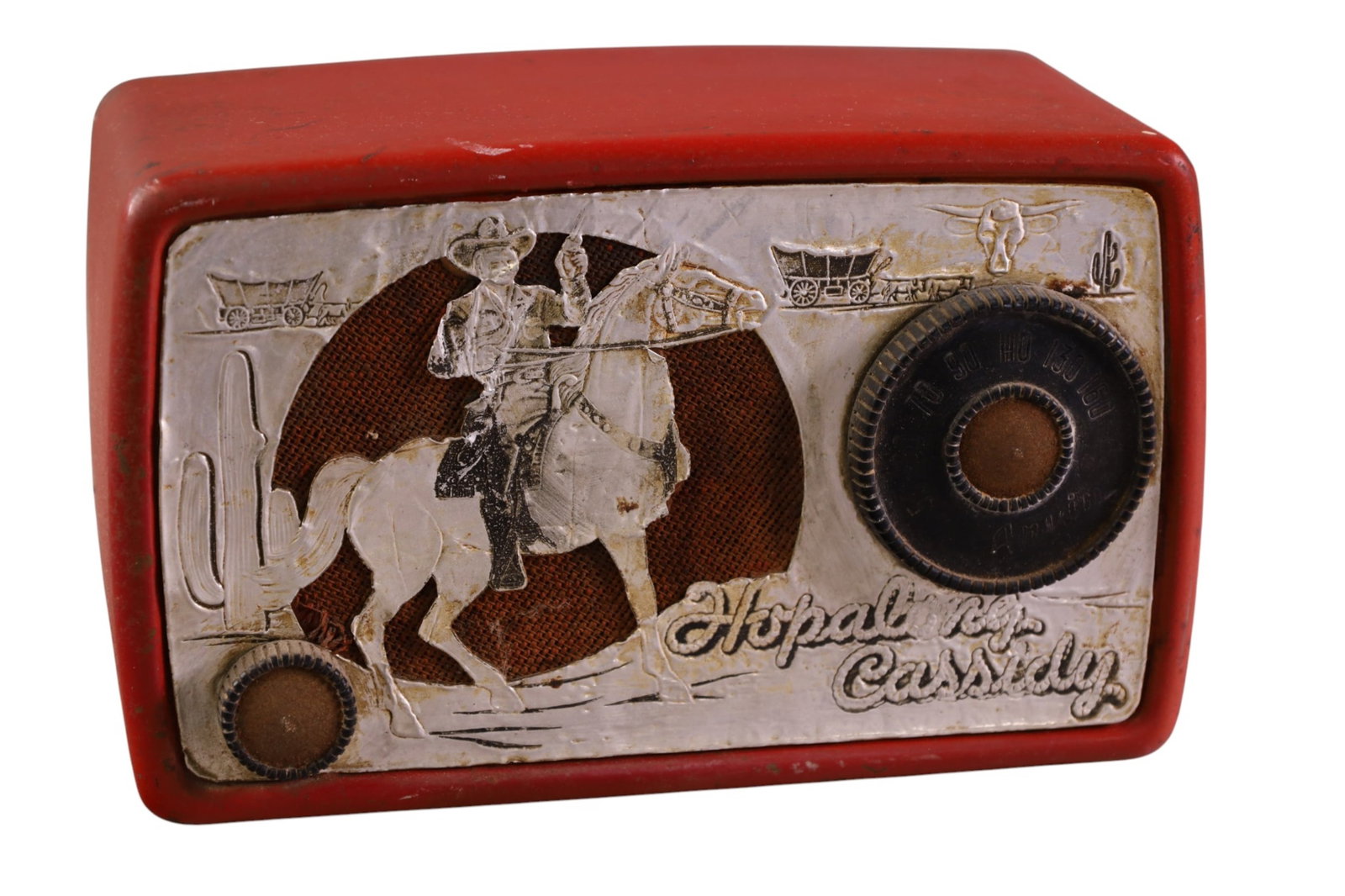 HOPALONG CASSIDY RADIO: HOPALONG CASSIDY RADIO, ARVIN. MODEL 441T 1950s RADIO. NO CORD. ALL RADIOS ARE SOLD AS IS WE DO NOT GUARANTEE WORKING ORDER, DAMAGE TO FOIL FRONT. 8" x 5"