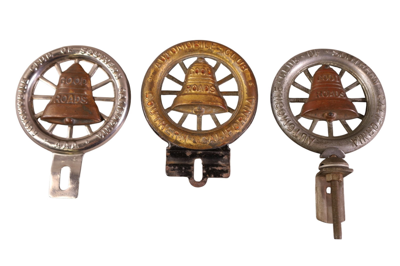 3 AAA LICENSE PLATE TOPPERS: AUTOMOBILE CLUB OF SOUTHERN CALIFORNIA LICENSE PLATE TOPPERS. 3 1/2" DIAM.
