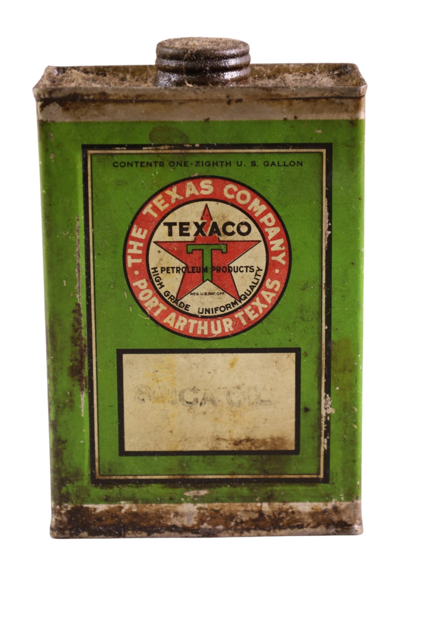 TEXACO 1/8 GALLON CAN: TEXACO GREEN T 1/8 GALLON SQUARE CAN, 3 1/2"