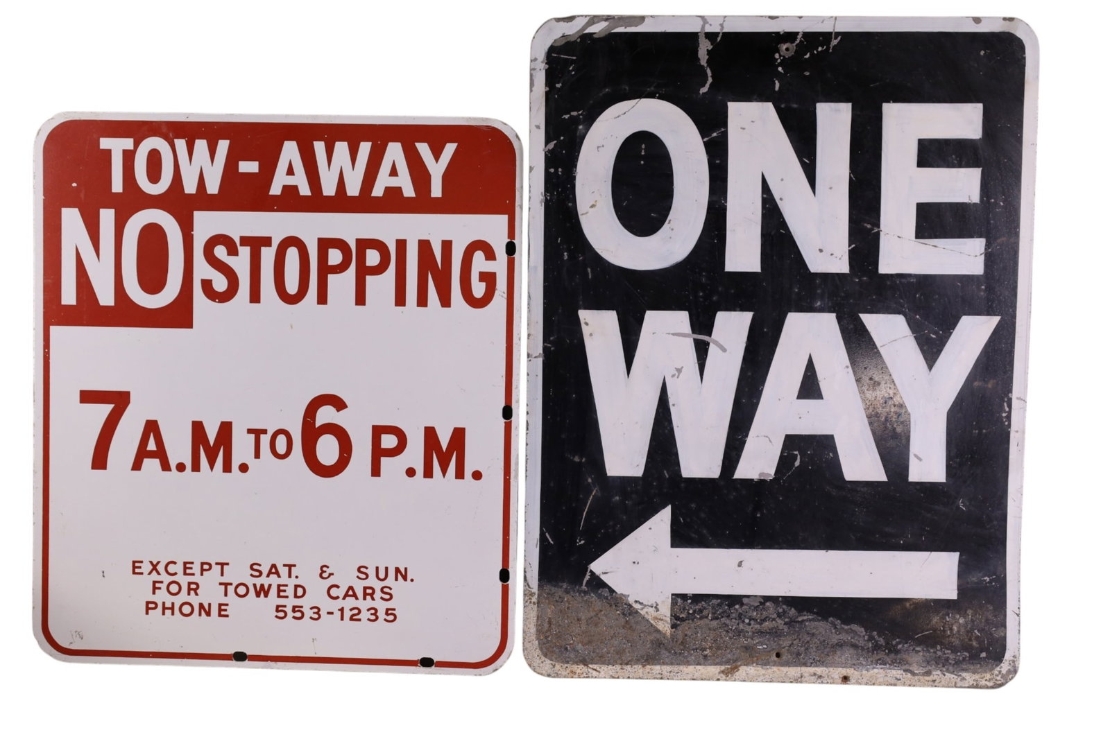 2 ROAD SIGNS: ONE WAY & TOW AWAY, PAINTED METAL SIGNS, SCRATCHES, 20" - 24" H.