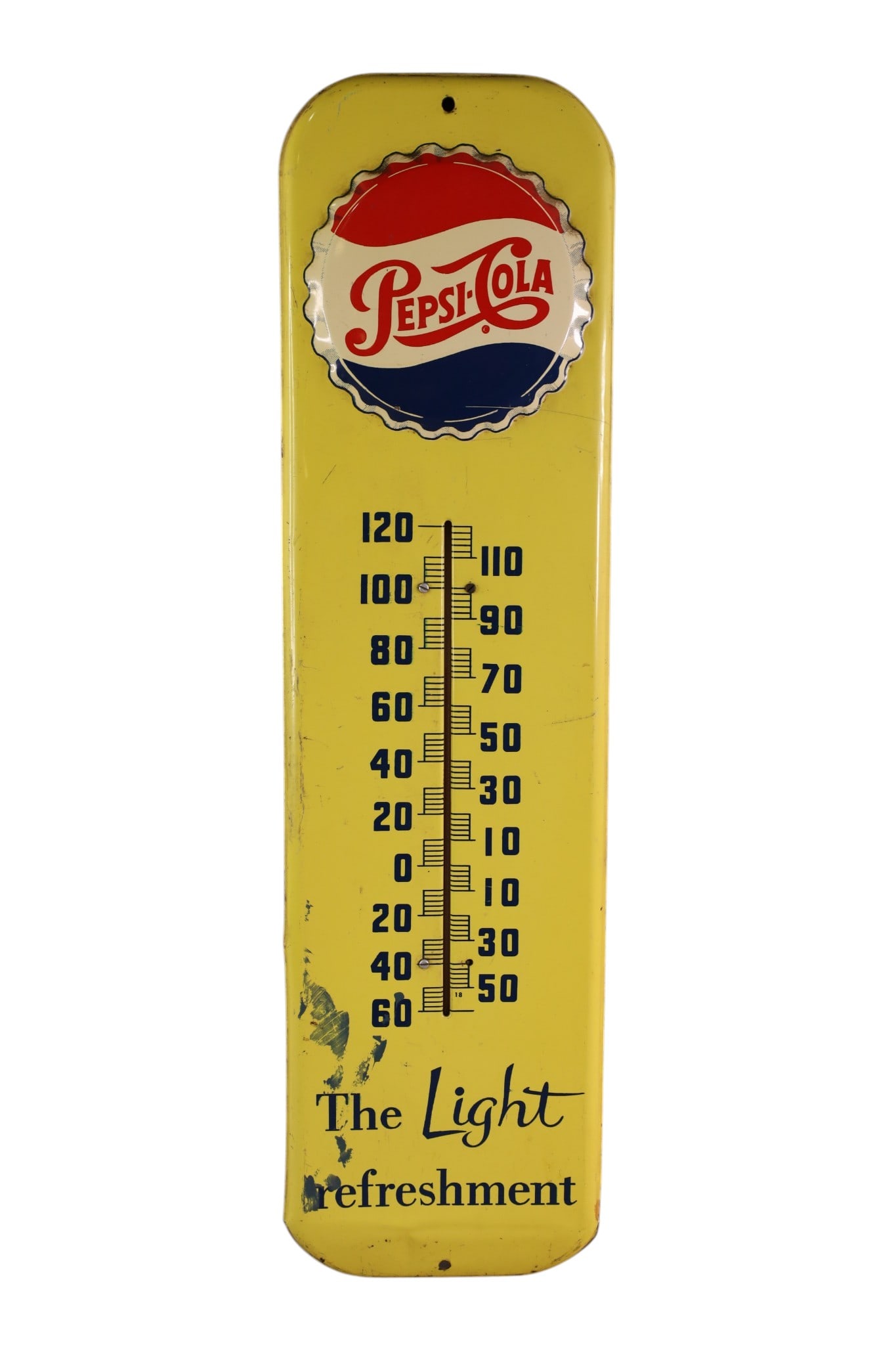 PEPSI THERMOMETER: TIN PEPSI, THE LIGHT REFRESHMENT THERMOMETER, WITH INSERT. SCRATCHES AND DENTS, OVERSPRAY. 7" x 27"