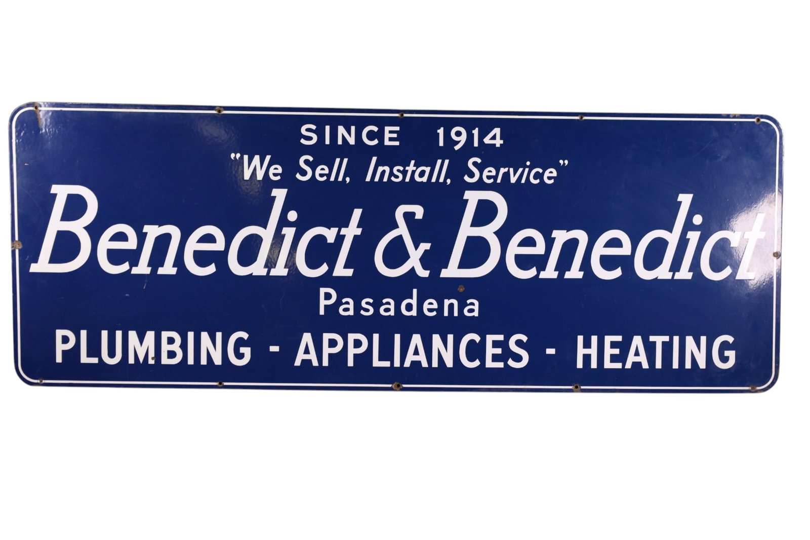 LARGE BENEDICT & BENEDICT PORCELAIN SIGN: LARGE SINGLE SIDED PORCELAIN SIGN, BENEDICT AND BENEDICT, PLUMBING, APPLIANCE, & HEATING PASADENA CALIFORNIA SIGN. GOOD GLOSS AND COLOR, SMALL CHIPS. 49" x 18"