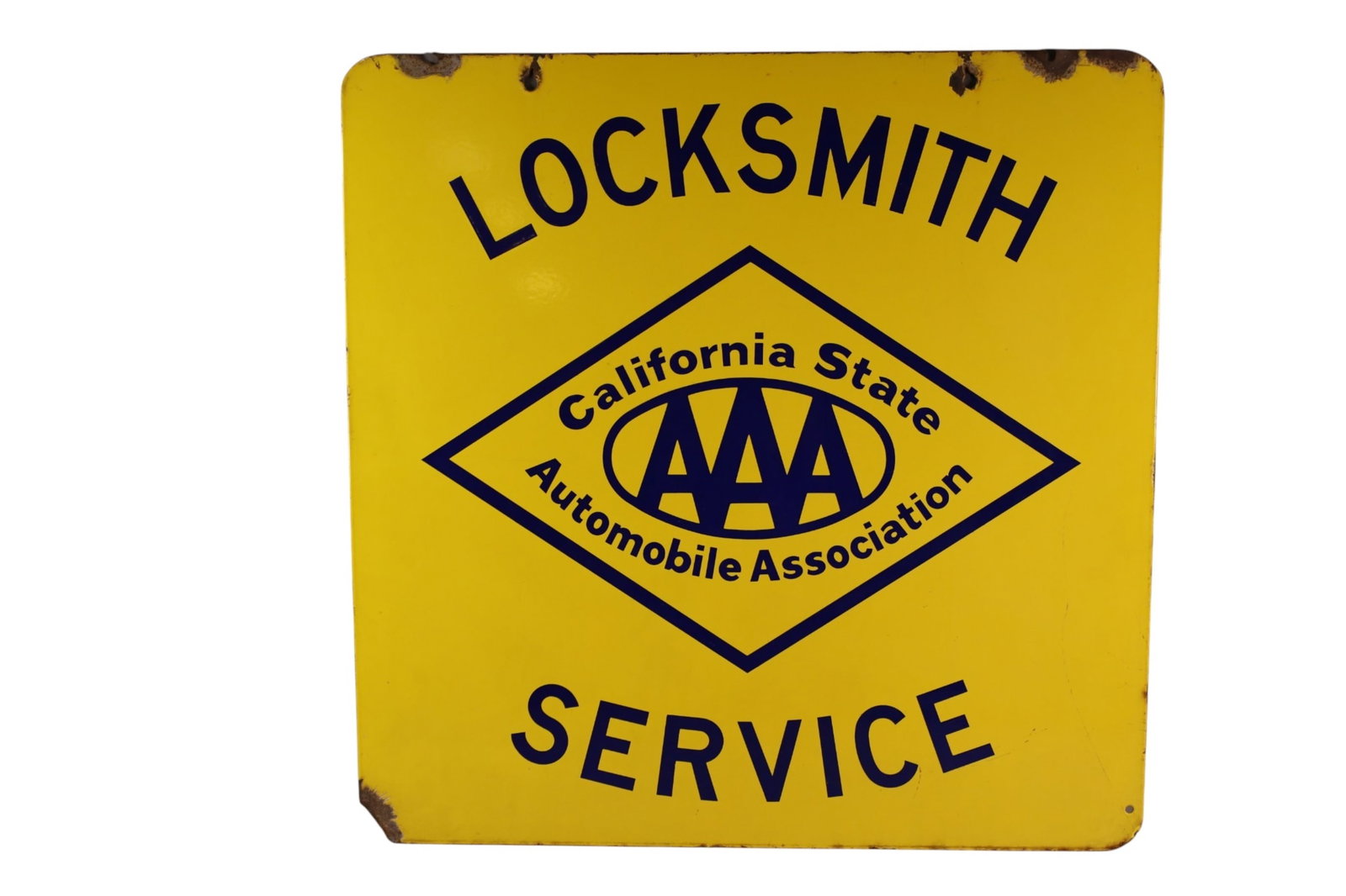 TRIPLE A LOCKSMITH SERVICE SIGN: DOUBLE SIDED PORCELAIN AAA LOCKSMITH SERVICE SIGN, SOME CHIPS. 28" x 28"