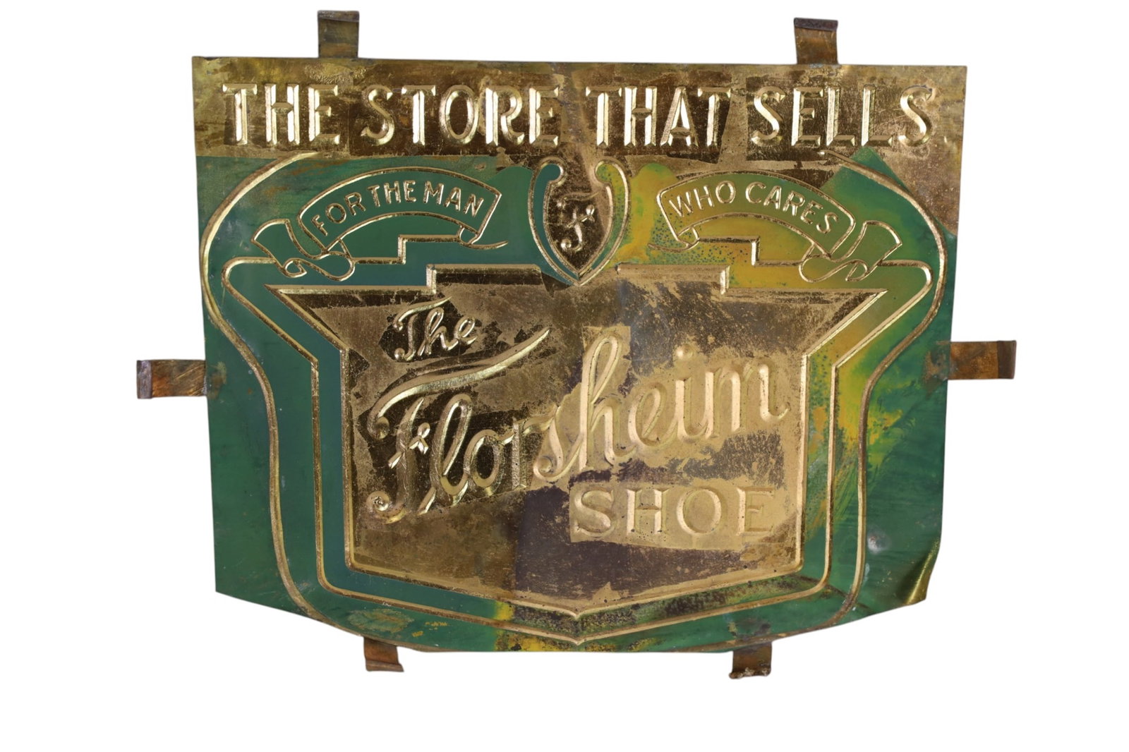 FLORSHEIM SHOES SIGN: EMBOSSED ALUMINUM SIGN, HEAVY LOSS TO SIGN, 11" x 14"
