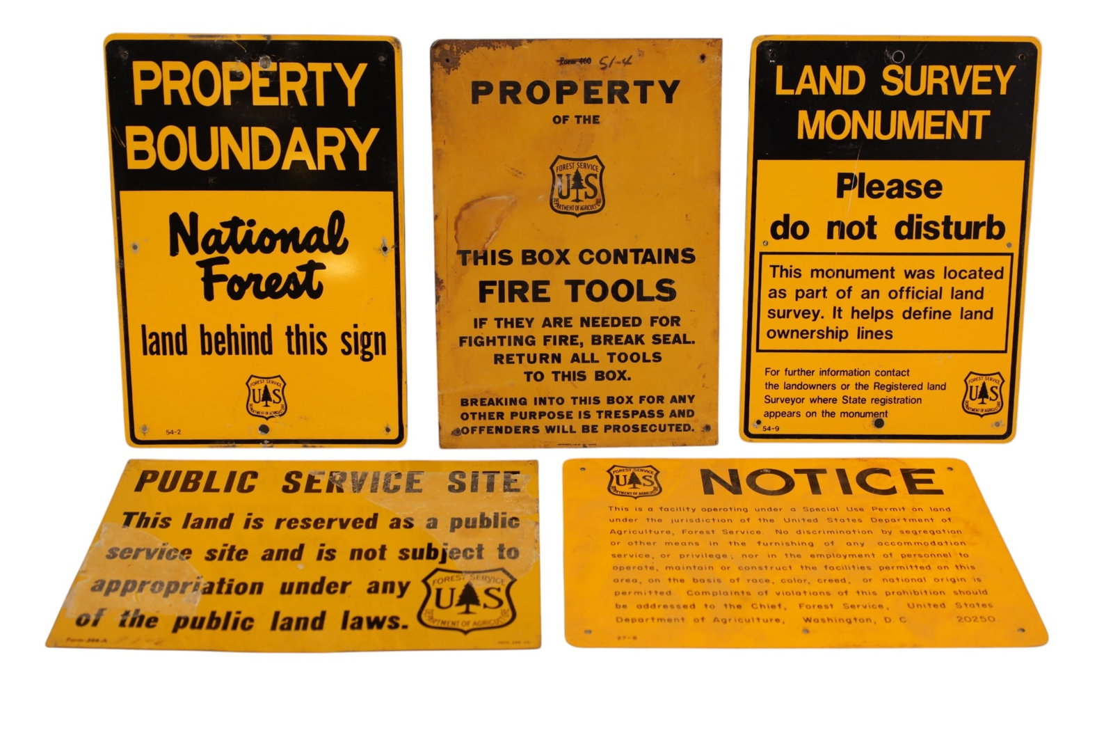 5 U.S. FORESTRY SIGNS: SINGLE SIDED METAL MISC. NATIONAL FOREST, FOREST SERVICE SIGNS. 10" x 7"