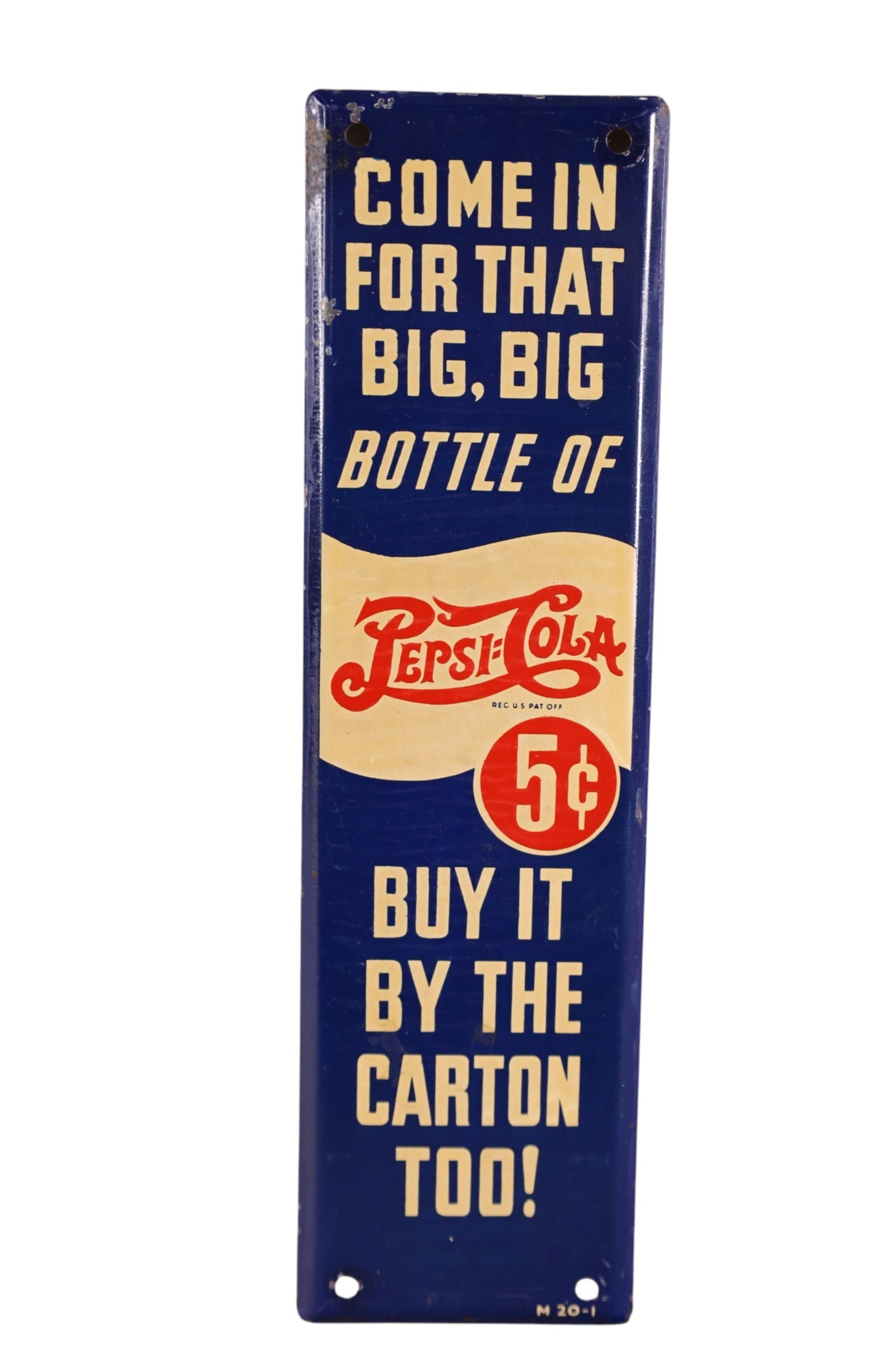 PEPSI DOOR SIGN: SINGLE SIDED TIN, PEPSI DOUBLE DOT DOOR SIGN, BUY IT BY THE CARTON. 2 3/4" x 10"