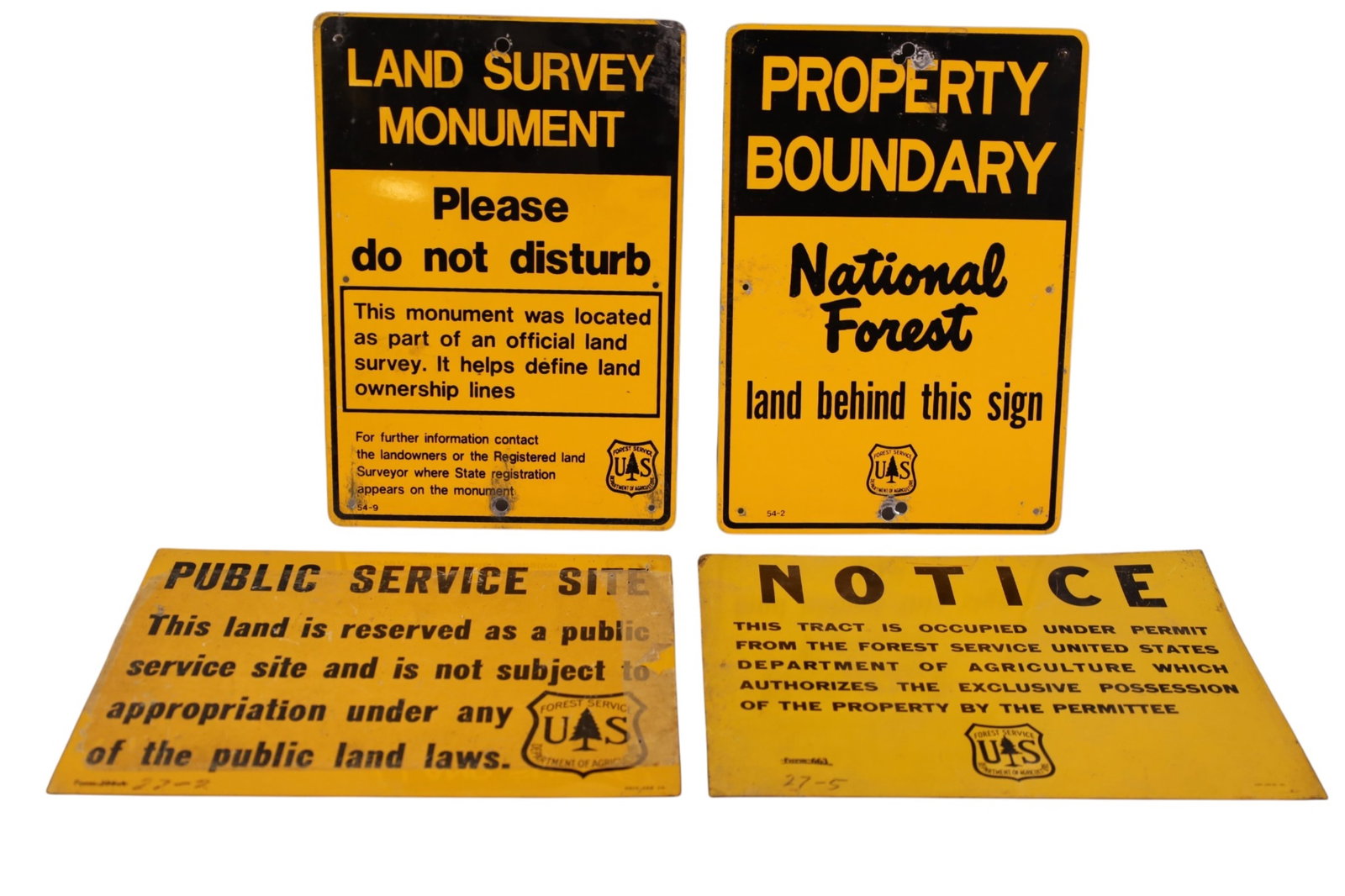 4 U.S. FORESTRY SIGNS: 4 SINGLE SIDED METAL FORESTRY SIGNS, LAND SURVEY, NOTICE, BOUNDRY SIGNS. 7" x 10"