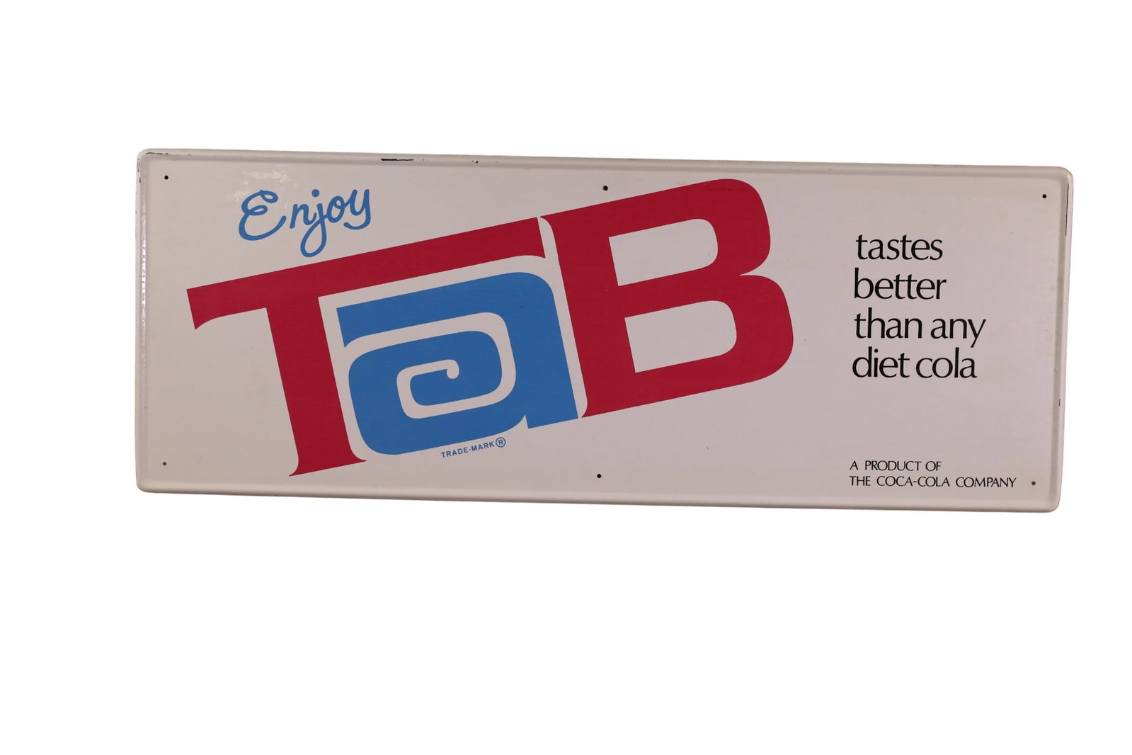 TAB DIET COLA SIGN: SINGLE SIDED TIN TAB DIET COLA SIGN, 32" x 12 1/2"