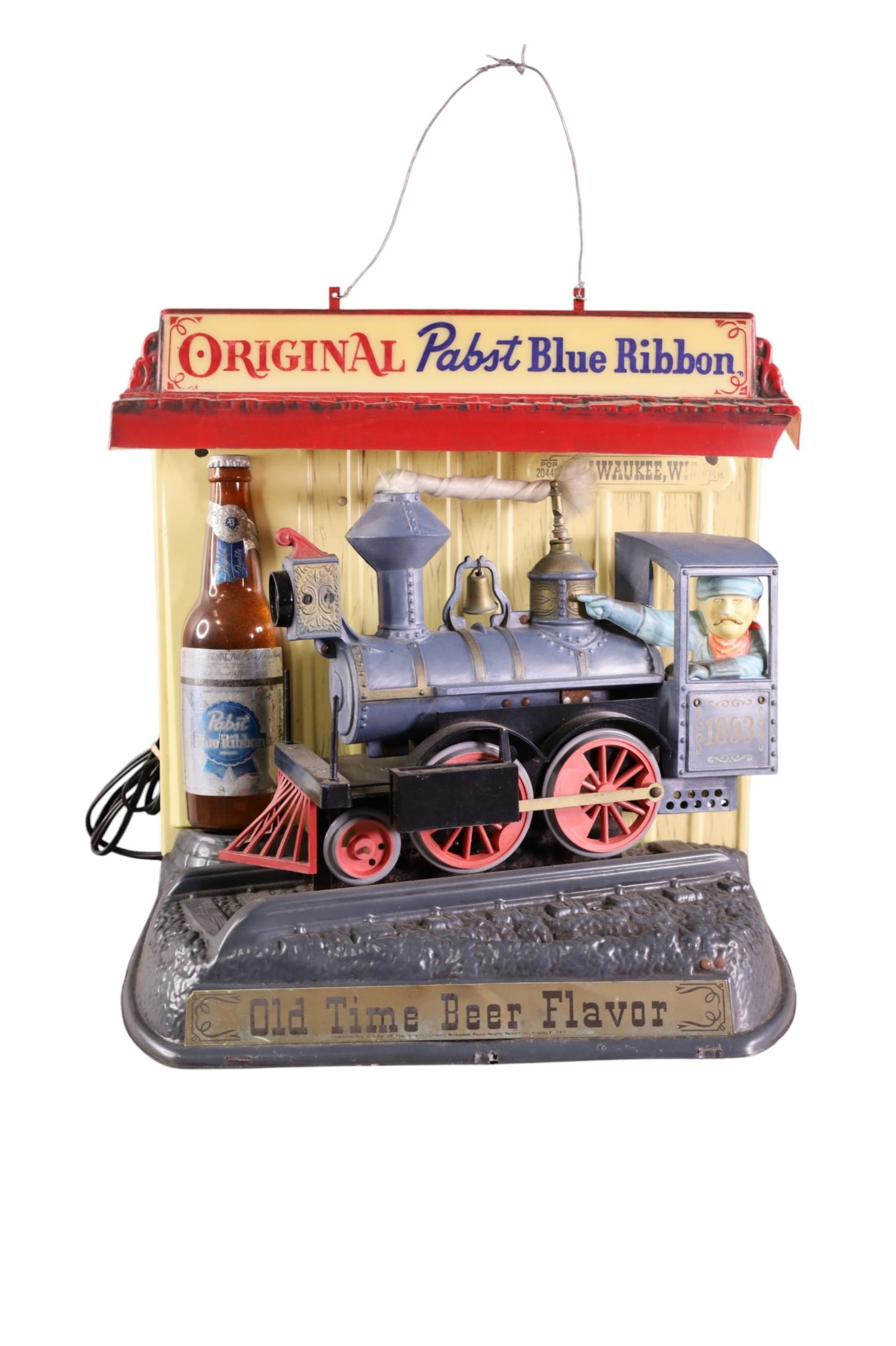 PABST BLUE RIBBON PLUG IN SIGN: HANGING PLASTIC LOCOMOTIVE PABST BLUE RIBBON SIGN, 16" x 16"
