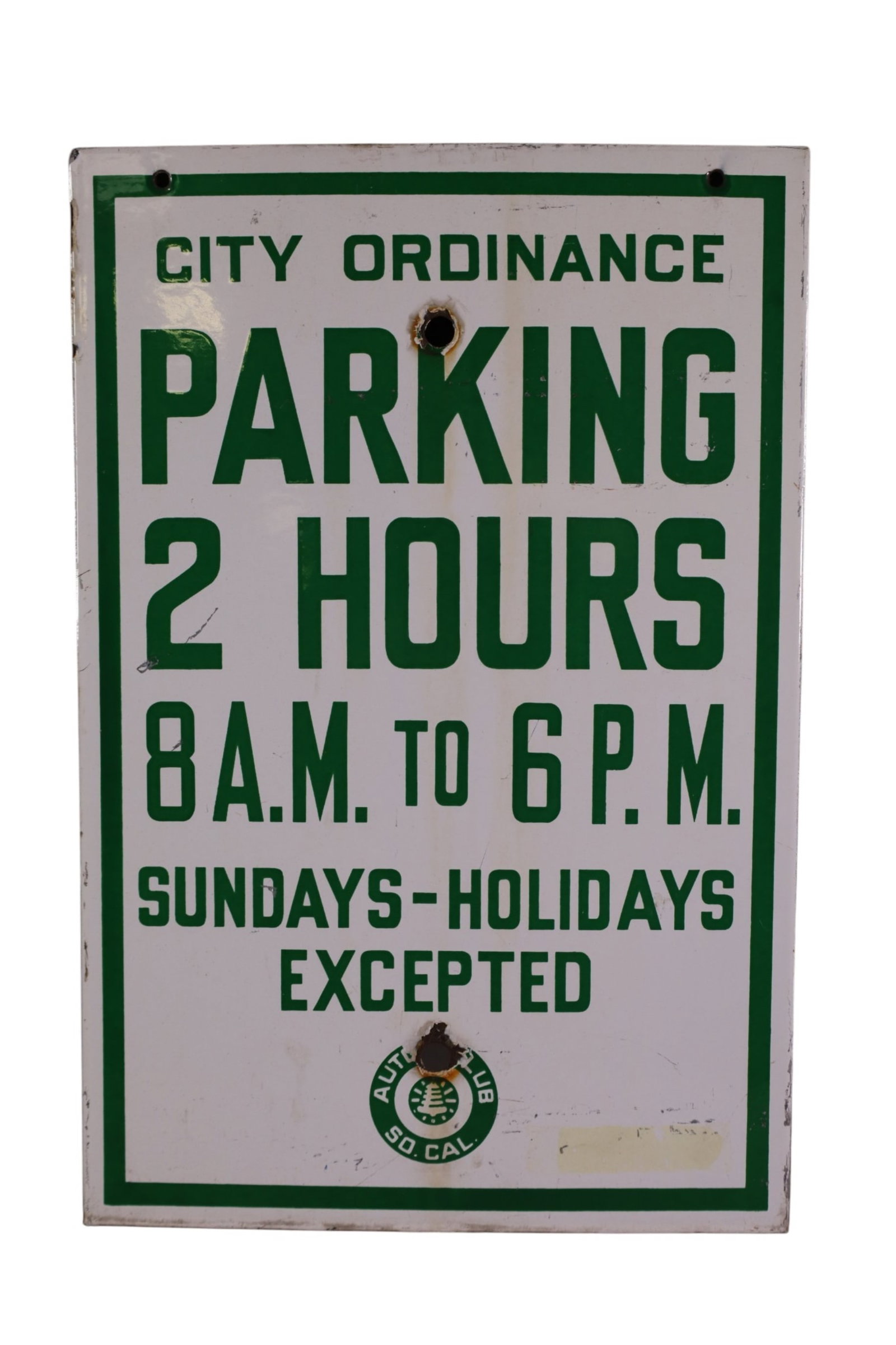 AUTO CLUB PARKING SIGN: SINGLE SIDED PORCELAIN, AUTO CLUB SO CAL 2 HOUR PARKING SIGN, CHIP NEAR MOUNTING HOLE. 12" x 18"