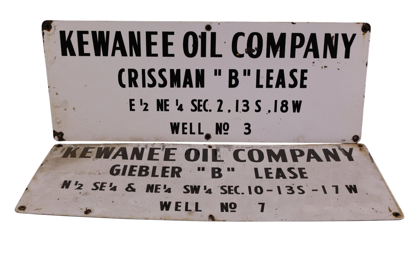 2 WELL SIGNS: SINGLE SIDED PORCELAIN, KEWANEE OIL COMPANY WELL SIGNS. 26" x 10"