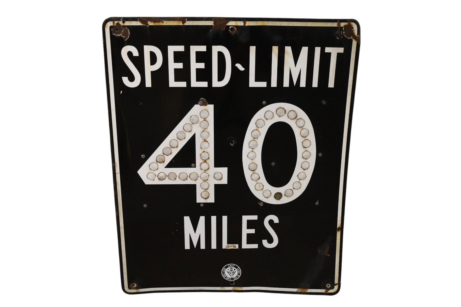 LARGE PORCELAIN SPEED LIMIT SIGN: LARGE SINGLE SIDED PORCELAIN 40 MPH SPEED LIMIT SIGN, PLASTIC CAT EYES. CALIFORNIA DIV. OF PUBLIC WORKS, DINGS TO PORCELAIN, SLIGHT BENDS AT CORNERS. 36" x 45"