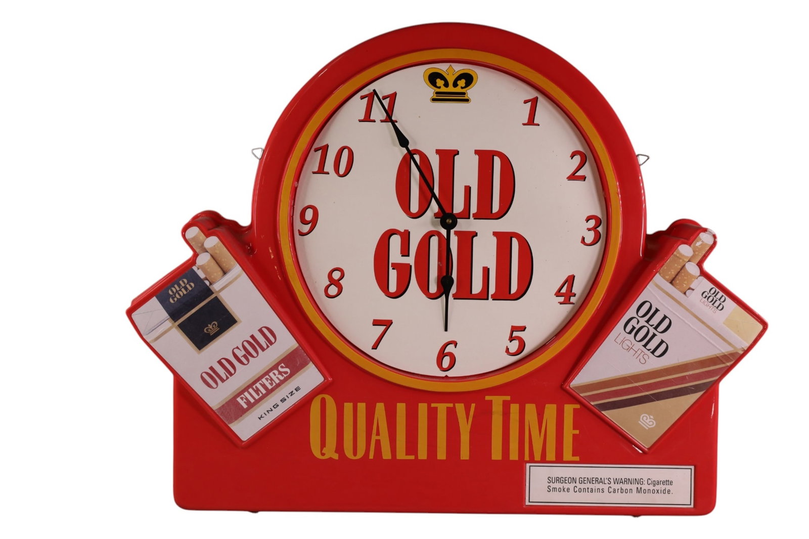 OLD GOLD CIGARETTES SIGN: DOUBLE SIDED PLASTIC OLD GOLD CIGARETTES CLOCK SIGN, BATTERY OP. 30" x 24"