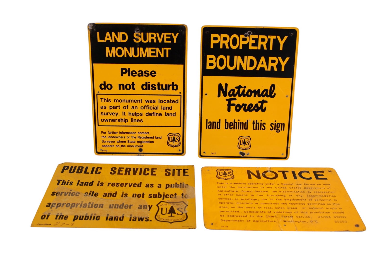 4 FORESTRY SIGNS: 4 SINGLE SIDED METAL, FOREST SERVICE SIGNS, 7" x 10"