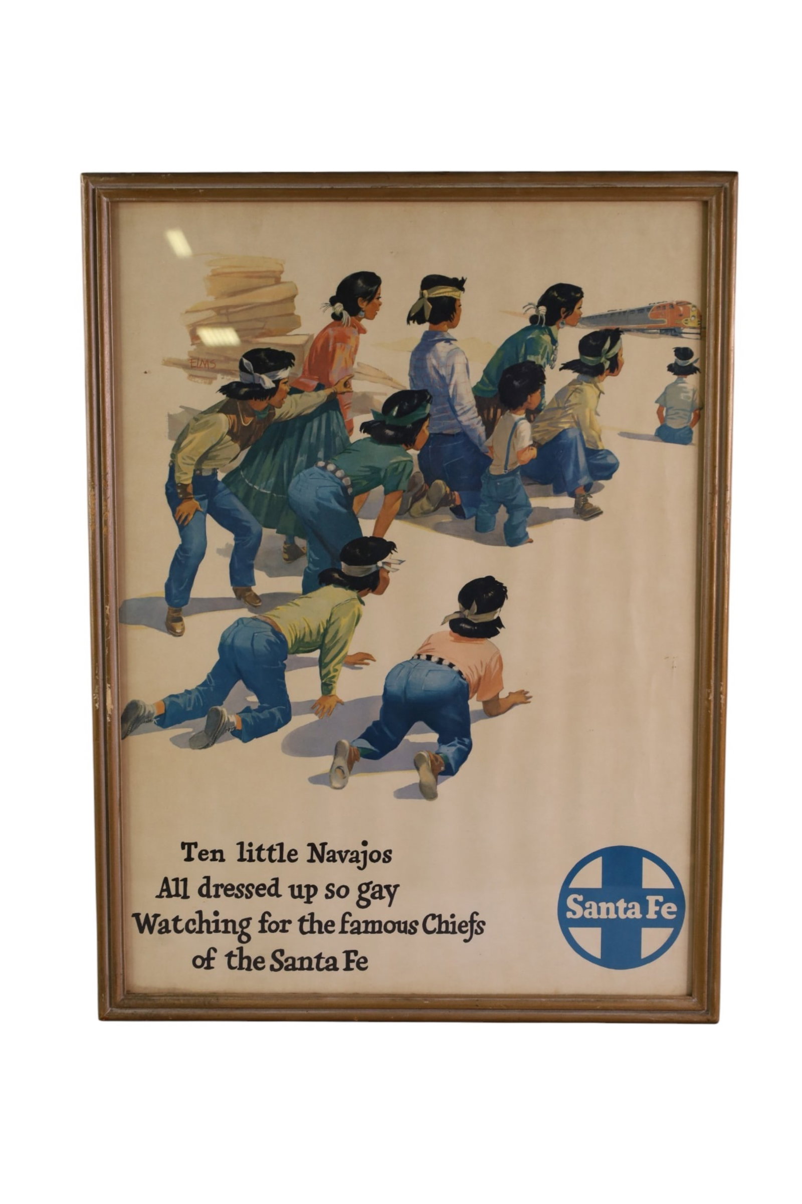 SANTA FE RAILROAD AD: FRAMED SANTA FE RAILROAD TEN LITTLE NAVAJOS, MARKED ELMS. POSSIBLY CUT DOWN. 16 3/4" x 22 3/4"