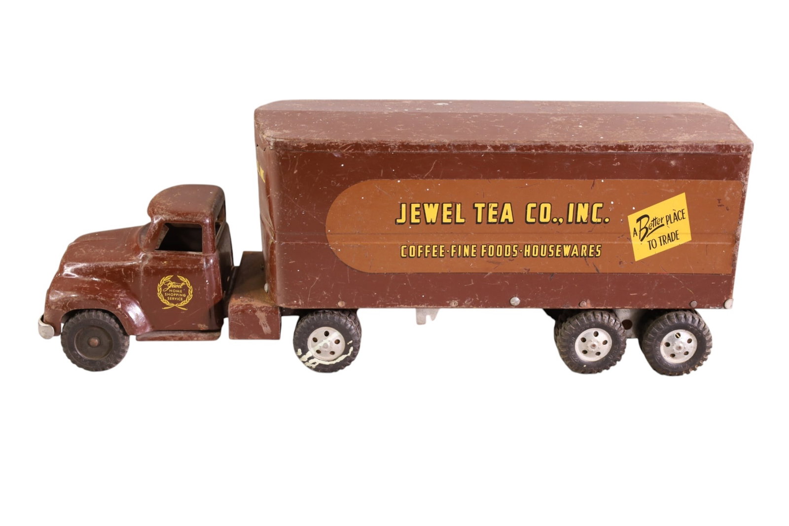 TONKA PRIVATE LABEL TRUCK: JEWEL TEA TRUCK AND TRAILER, AS IS! NO HUB CAPS, PAINT LOSS. 24" L.