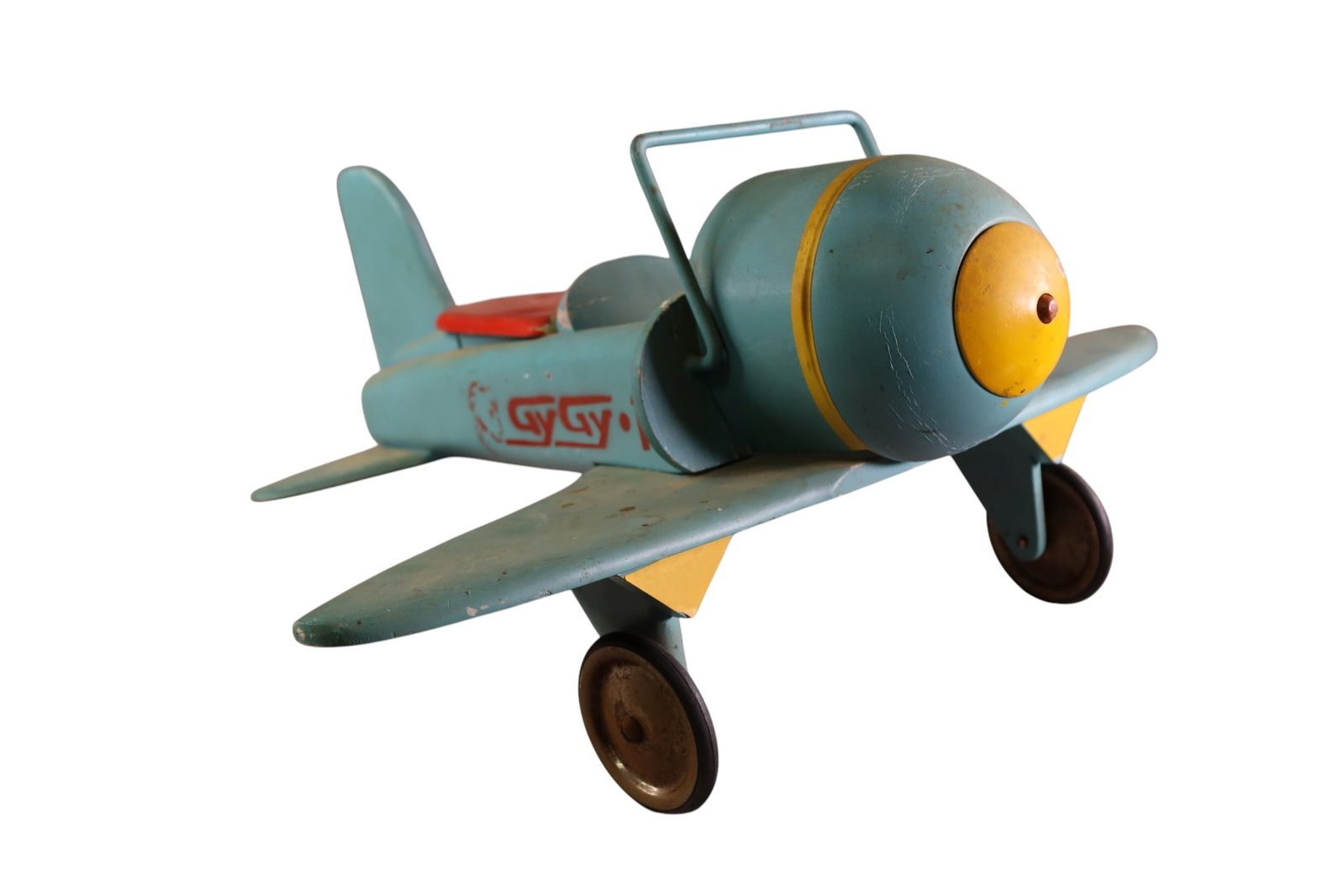 WOODEN GY GY 1 RIDING AIRPLANE: WOODEN RIDING GY GY 1 AIRPLANE. PAINT LOSS. 24" L.