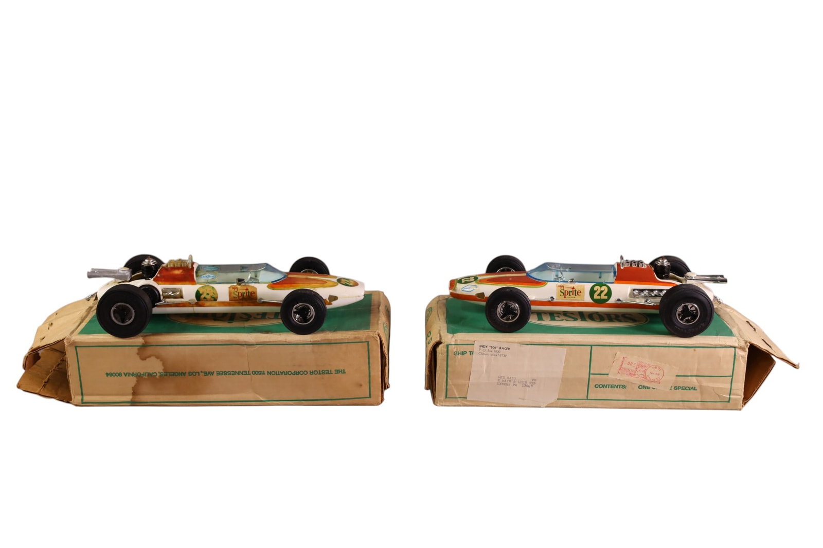 2 TESTORS GAS RACECARS: IN ORIGINAL BOXES, TESTORS GAS POWERED RACE CARS, ONE HAS CRACK. 13" L.