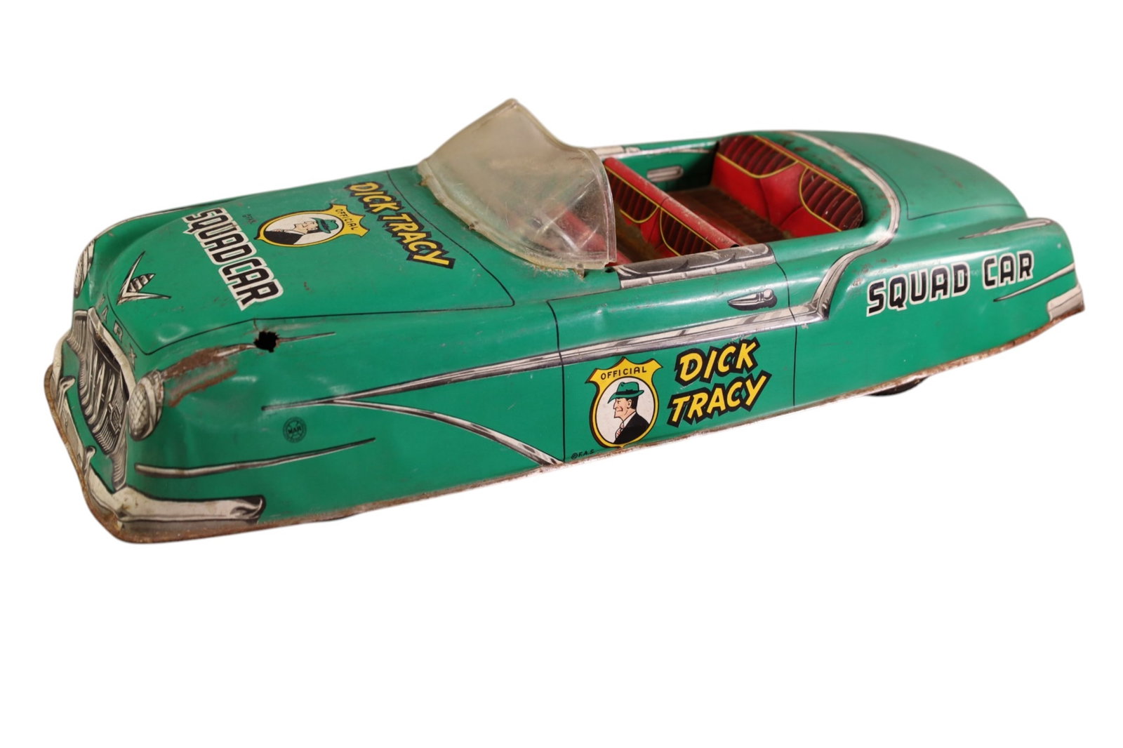 DICK TRACY TIN LITHO CAR: LARGE DICK TRACY TIN LITHO SQUAD CAR, RUST, MISSING SOME PIECES. 19" L.