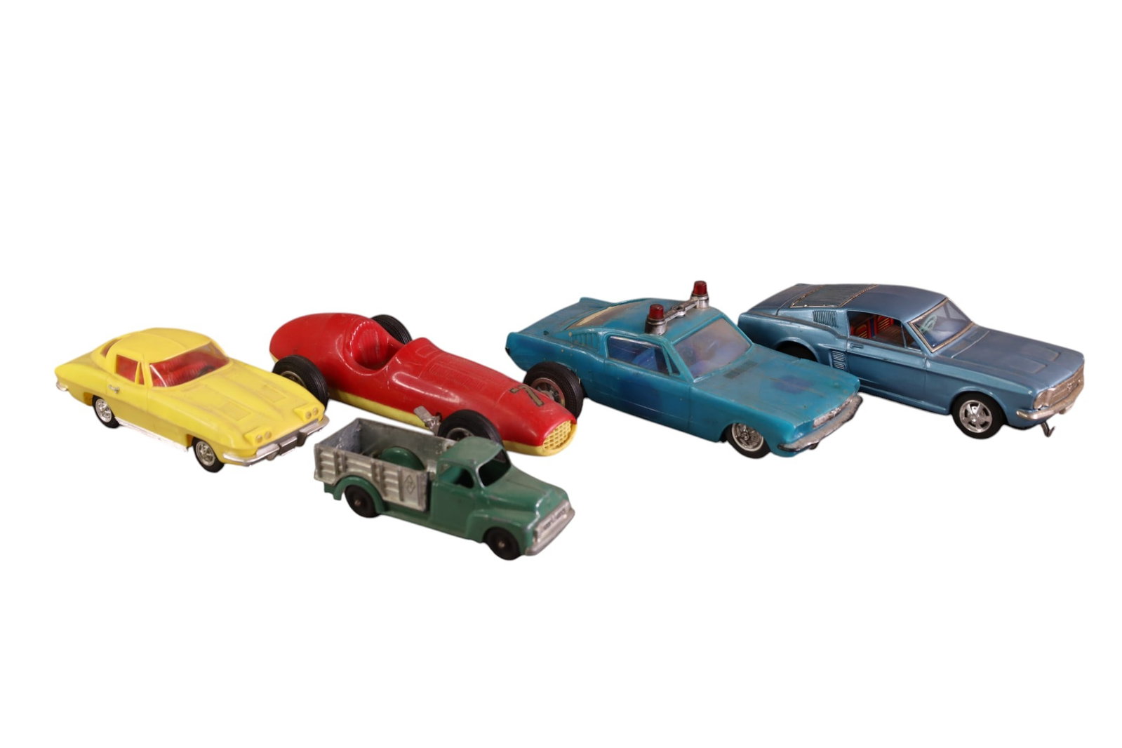 5 MISC TOY CARS & TRUCKS: HUBLEY PICKUP TRUCK. JAPANESE BATTERY OP MUSTANG. WIND UP RACECAR. ALL IN PLAYED WITH CONDITION