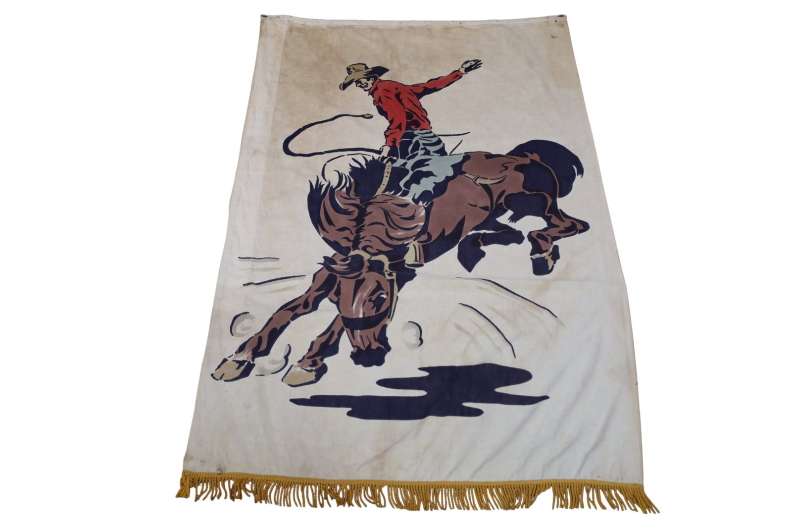 VINTAGE WESTERN MOTIF BANNER: RIDE EM COWBOY WESTERN MOTIF BANNER. SOME STAINS. 35" x 55"