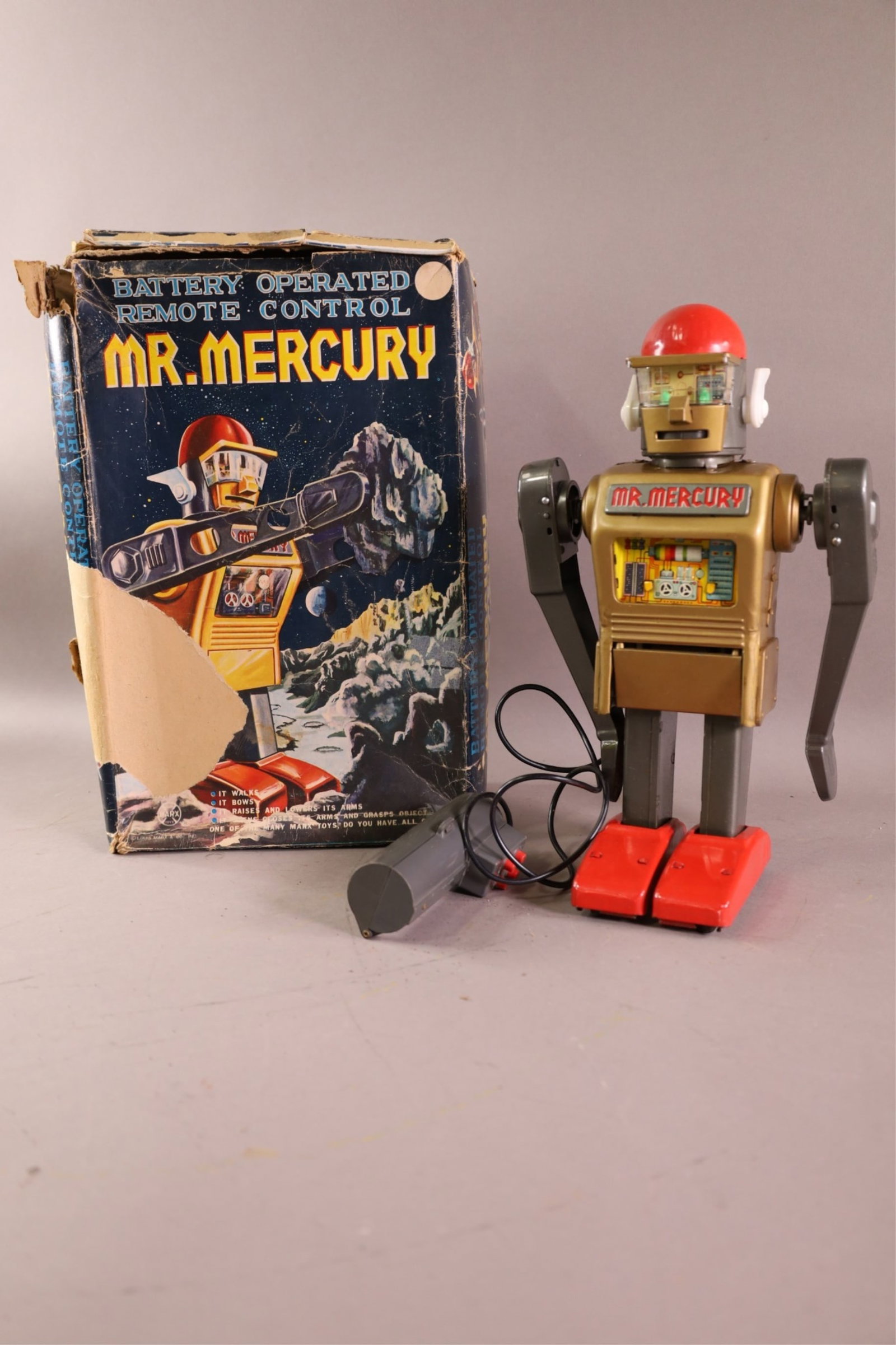 MARX MR. MERCURY ROBOT: BATTERY OP, MARX MR MERCURY ROBOT, REMOTE CONTROLLED. DAMAGE TO BOX AND REMOTE. 13" H.