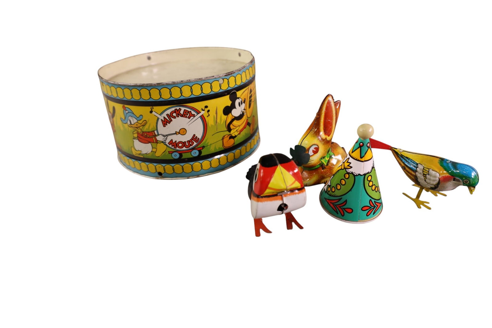 SMALL LOT OF TIN LITHO TOYS: 3 LEHMANN WIND UP AND FRICTION TOYS, & OHIO ART DISNEY DRUM. & MORE.