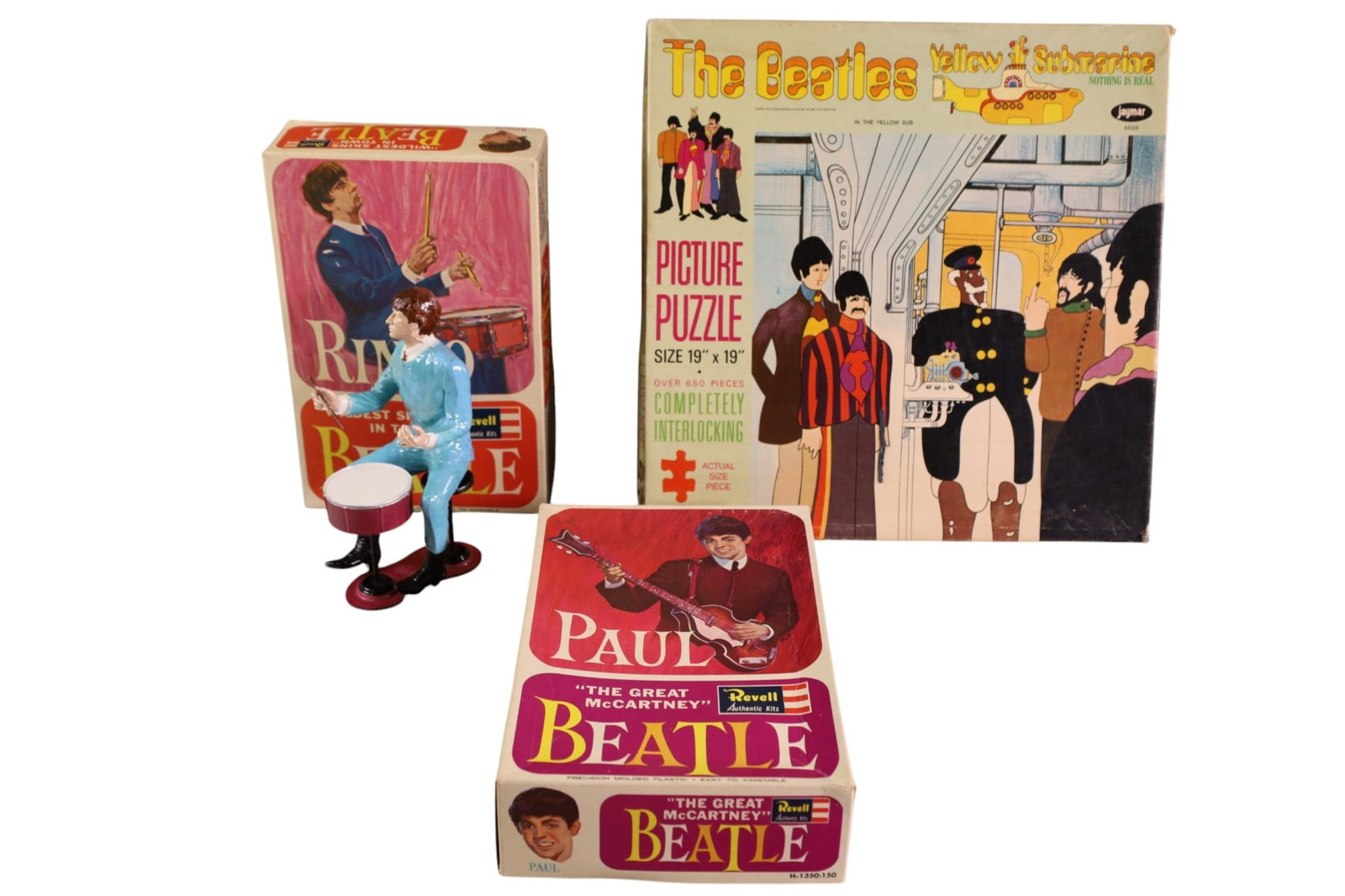 3 BEATLES TOYS: IN ORIGINAL BOX. RINGO (BUILT) REVELL MODEL KIT & PAUL REVELL MODEL KIT & JAYMAR THE BEATLES YELLOW SUBMARINE PUZZLE, UNKNOWN IF COMPLETE.