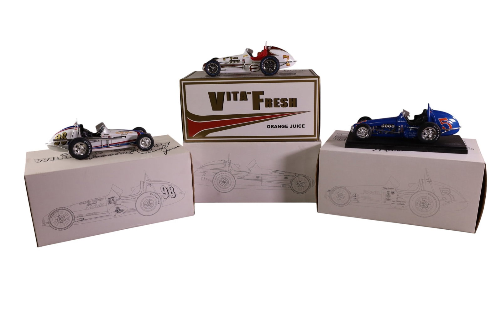 3 GMP VINTAGE SERIES DIE CAST RACECARS: IN ORIGINAL BOXES . JOE LEONARD VITA FRESH & PARNELLI JONES. & BOBBY MARSHMAN. 1/18 SCALE. NO COA!!!