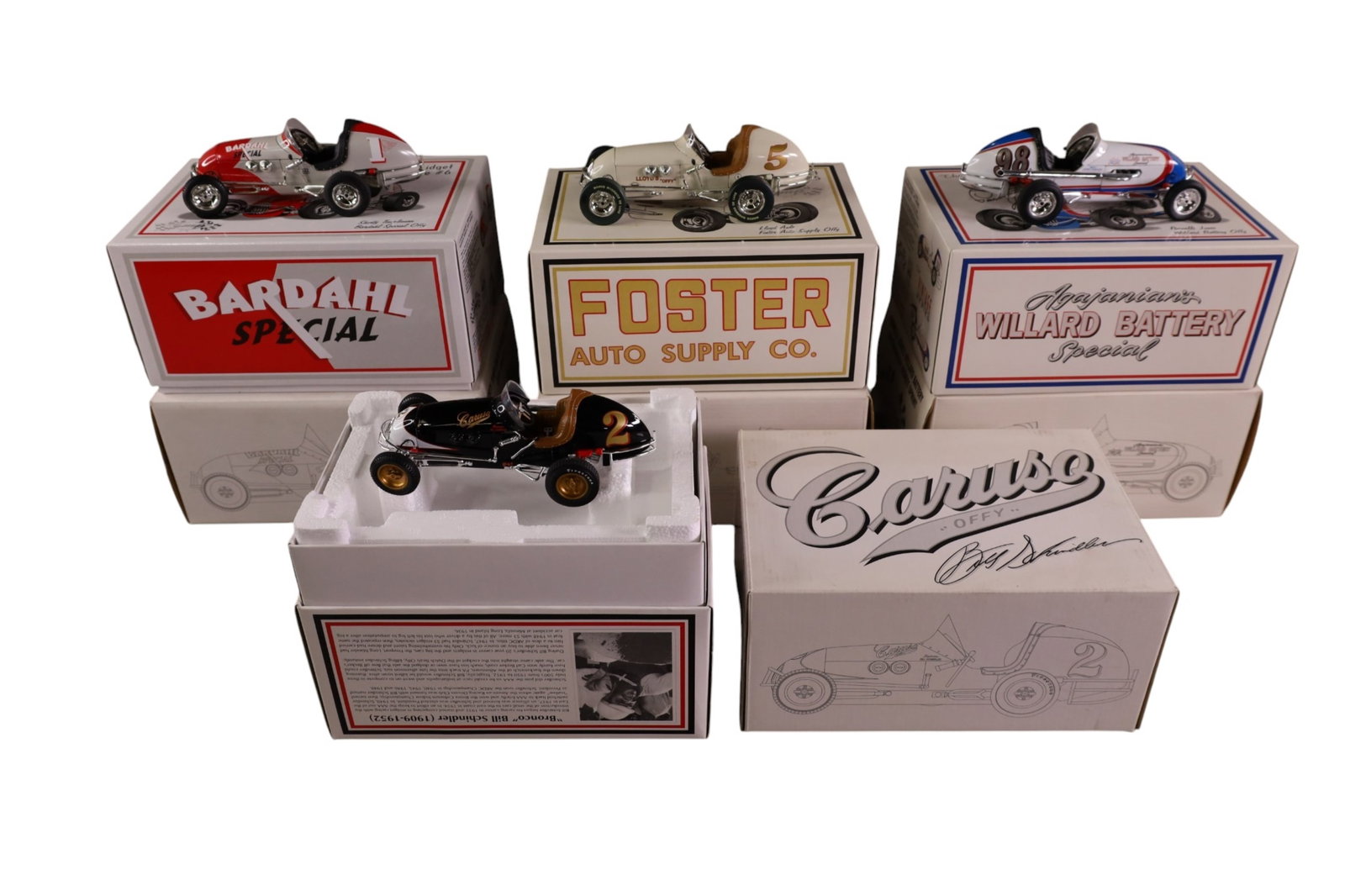 4 GMP DIE CAST MIDGET RACECARS: IN ORIGINAL BOXES, VINTAGE SERIES. BILL SCHINDLER & SHORTY TEMPLEMAN & LLOYD AXEL & PARNELLI JONES. 1/18 SCALE. NO COA!!!