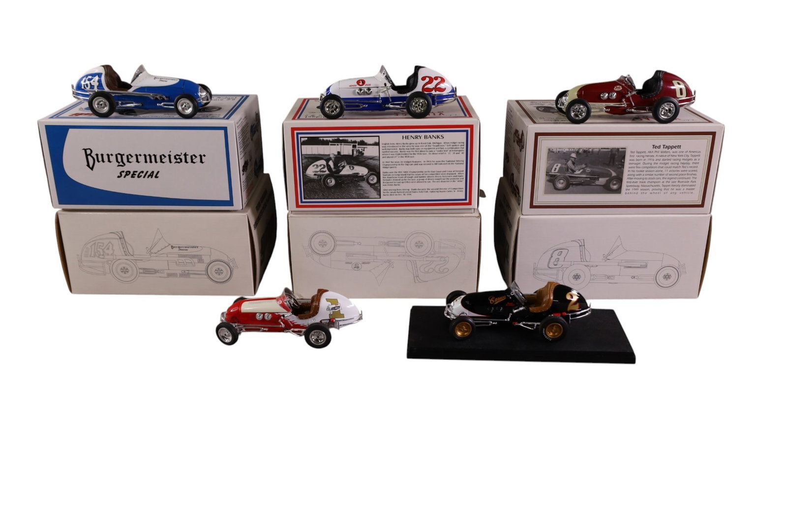 5 GMP DIE CAST MIDGET RACECARS: 3 WITH BOXES. VINTAGE SERIES. TED TAPPET & HENRY BANKS. & FREDDIE AGABASHIAN & 2 LOOSE ARE JIM WHITE & BILL SCHINDLER. 1/18 SCALE. NO COA!!!
