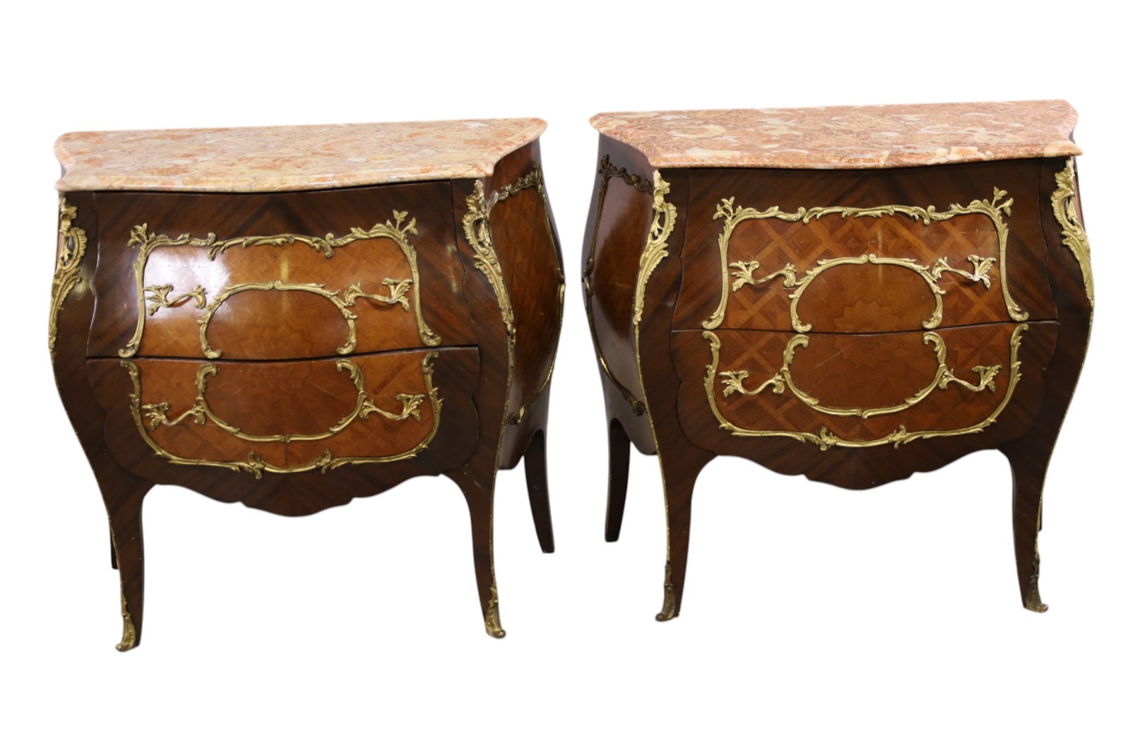 PAIR OF FRENCH STYLE CHESTS: PAIR OF TWO DRAWER FRENCH STYLE CHESTS, MARBLE TOPS. SMALL CHIP TO MARBLE. 35" W x 19" D x 31" H. THIS ITEM EXCEEDS SIZE LIMITATIONS FOR IN HOUSE SHIPPING, MUST BE PICKED UP IN HOUSE OR SHIPPED VIA